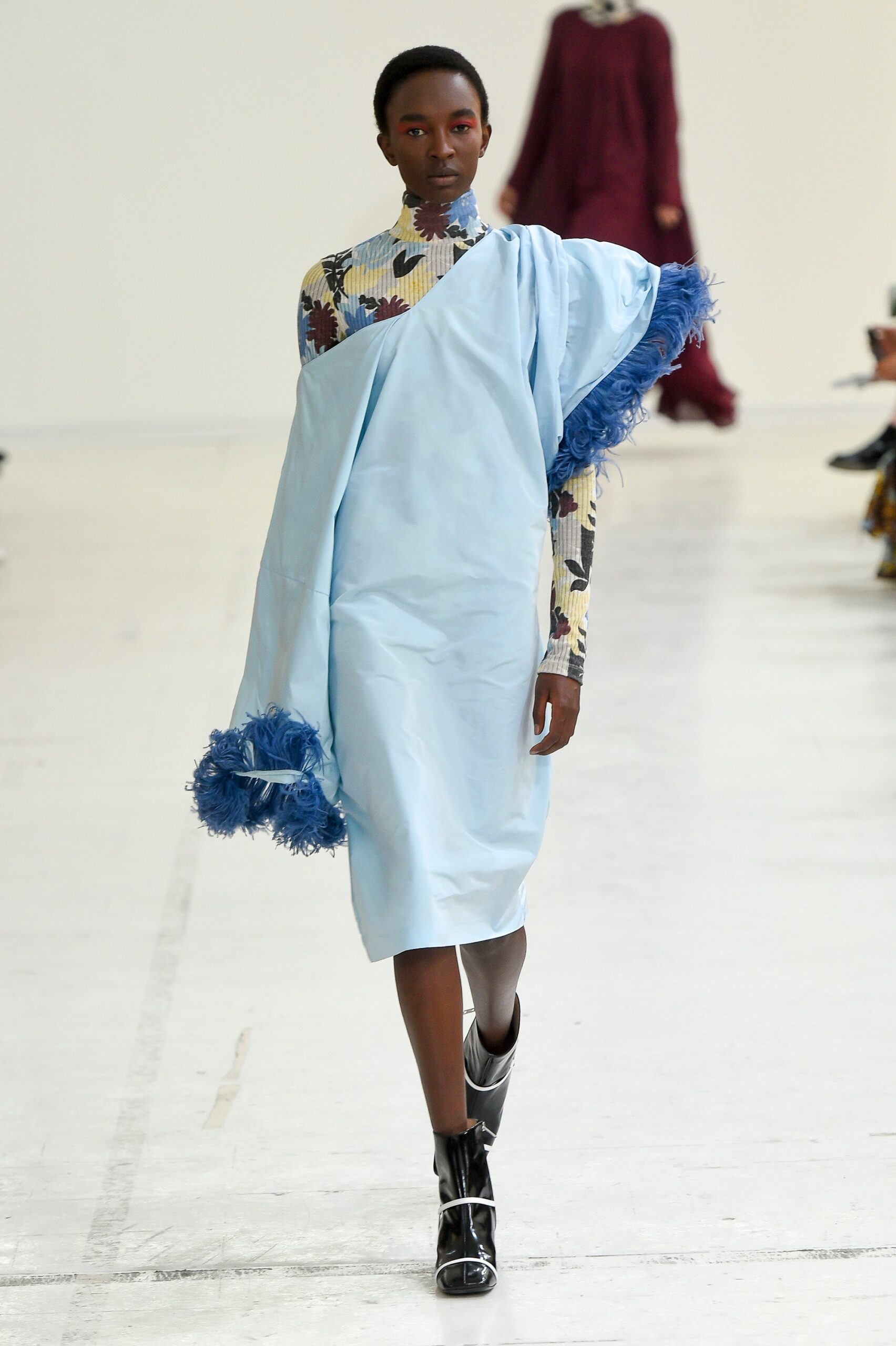 blue draped midi dress with printed top