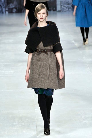 brown wool cape with blue dress