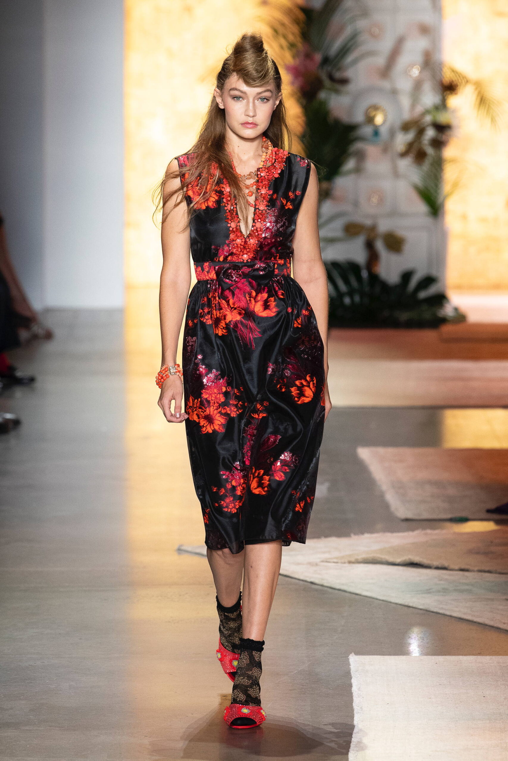 black floral silk midi dress