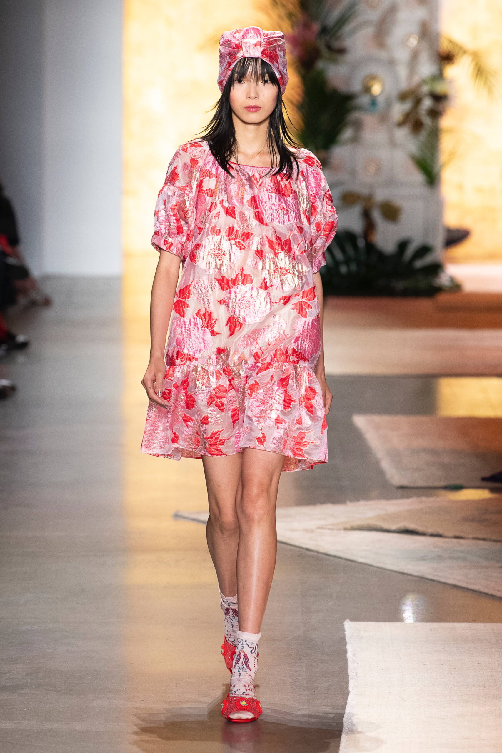 pink silk short-sleeve scoop-neck relaxed floral tiered dress
