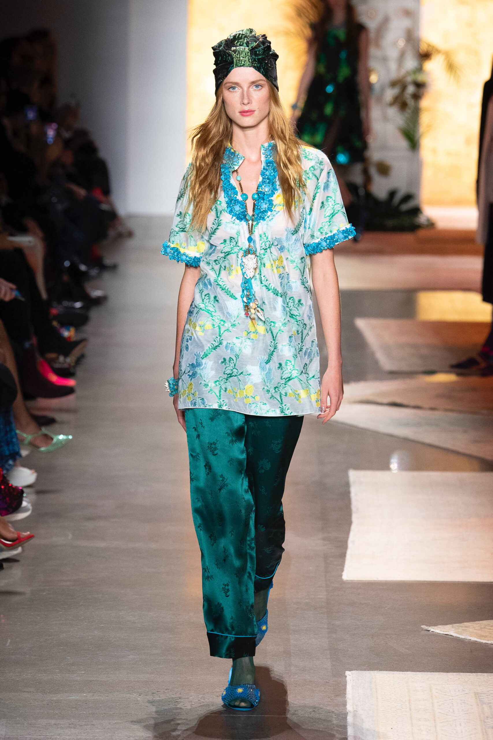 blue silk embroidered top with teal pants