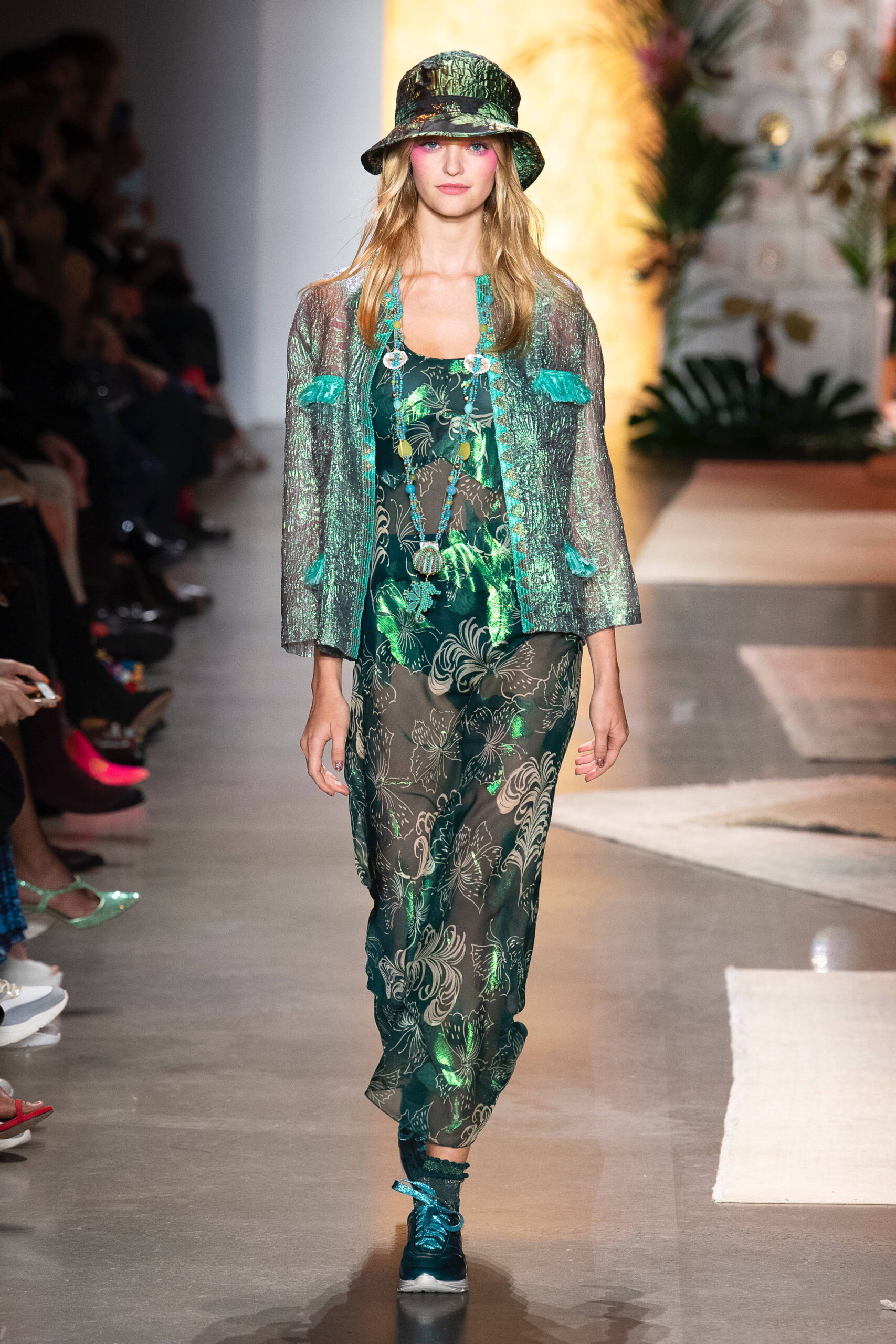 green layered jacket with printed top