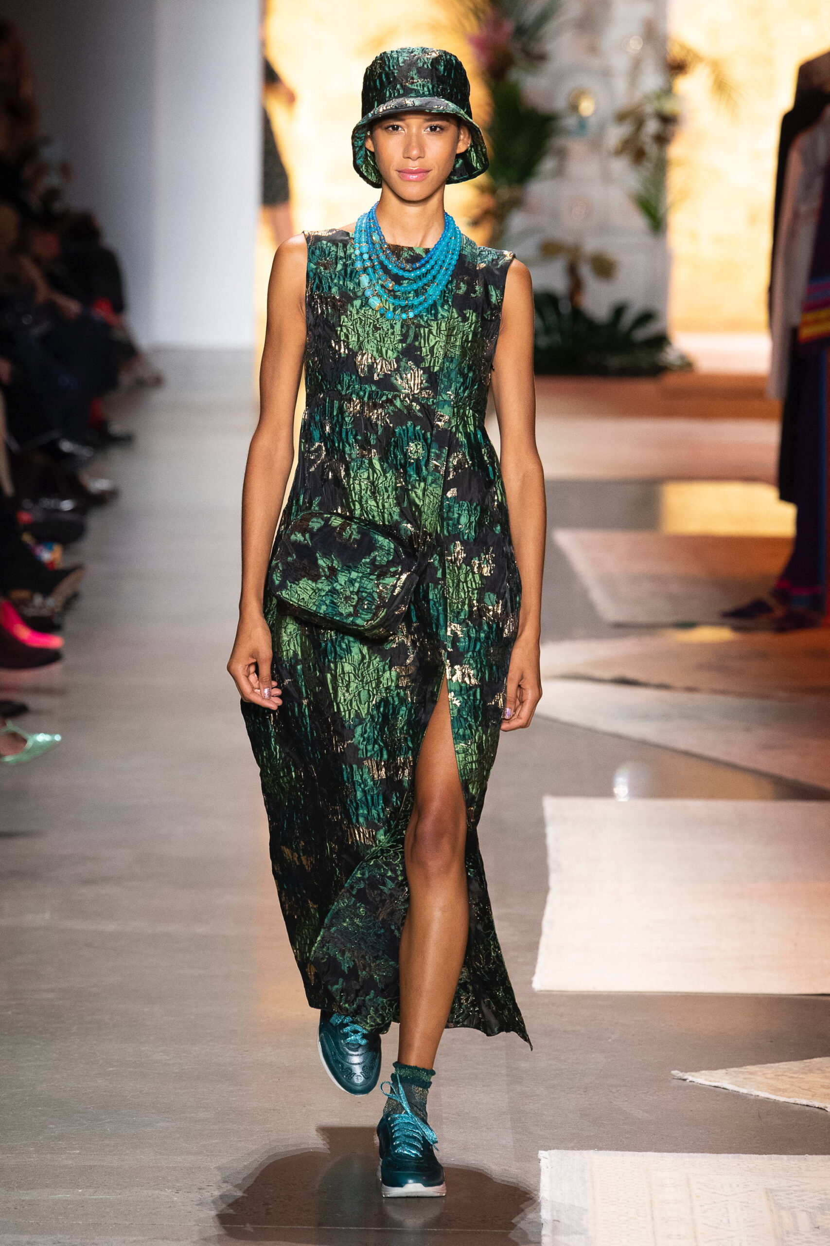 green cotton sleeveless v-neck relaxed printed midi dress