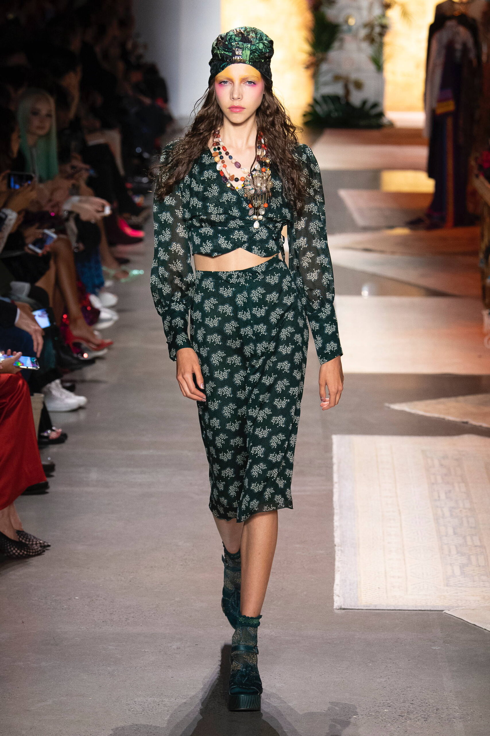 green printed midi dress with hat