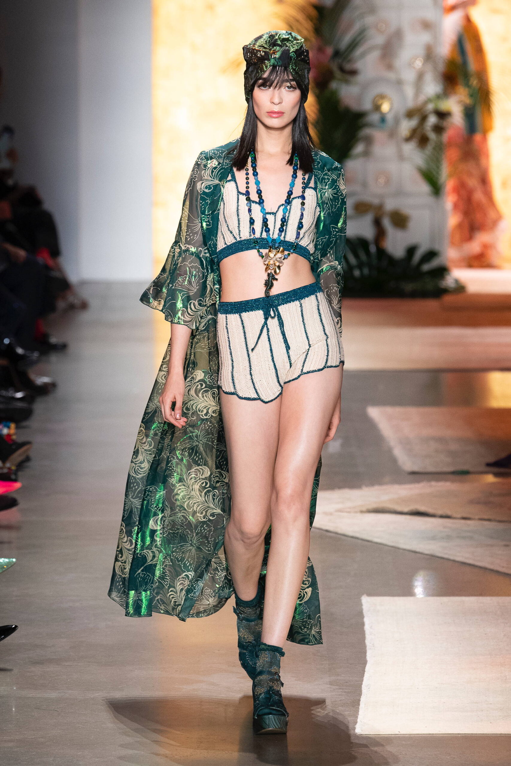 green silk cape with striped top and shorts