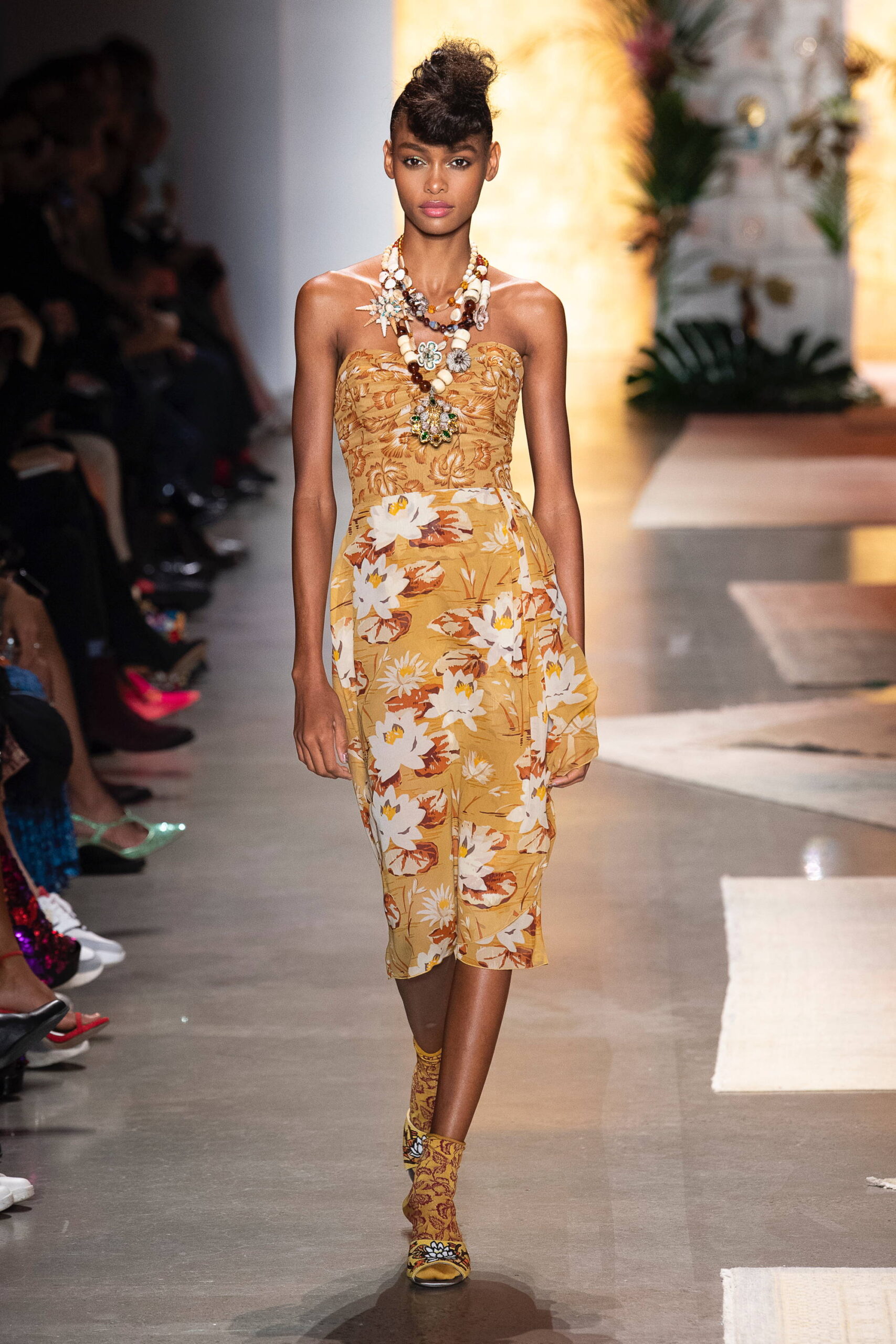 yellow floral strapless midi dress