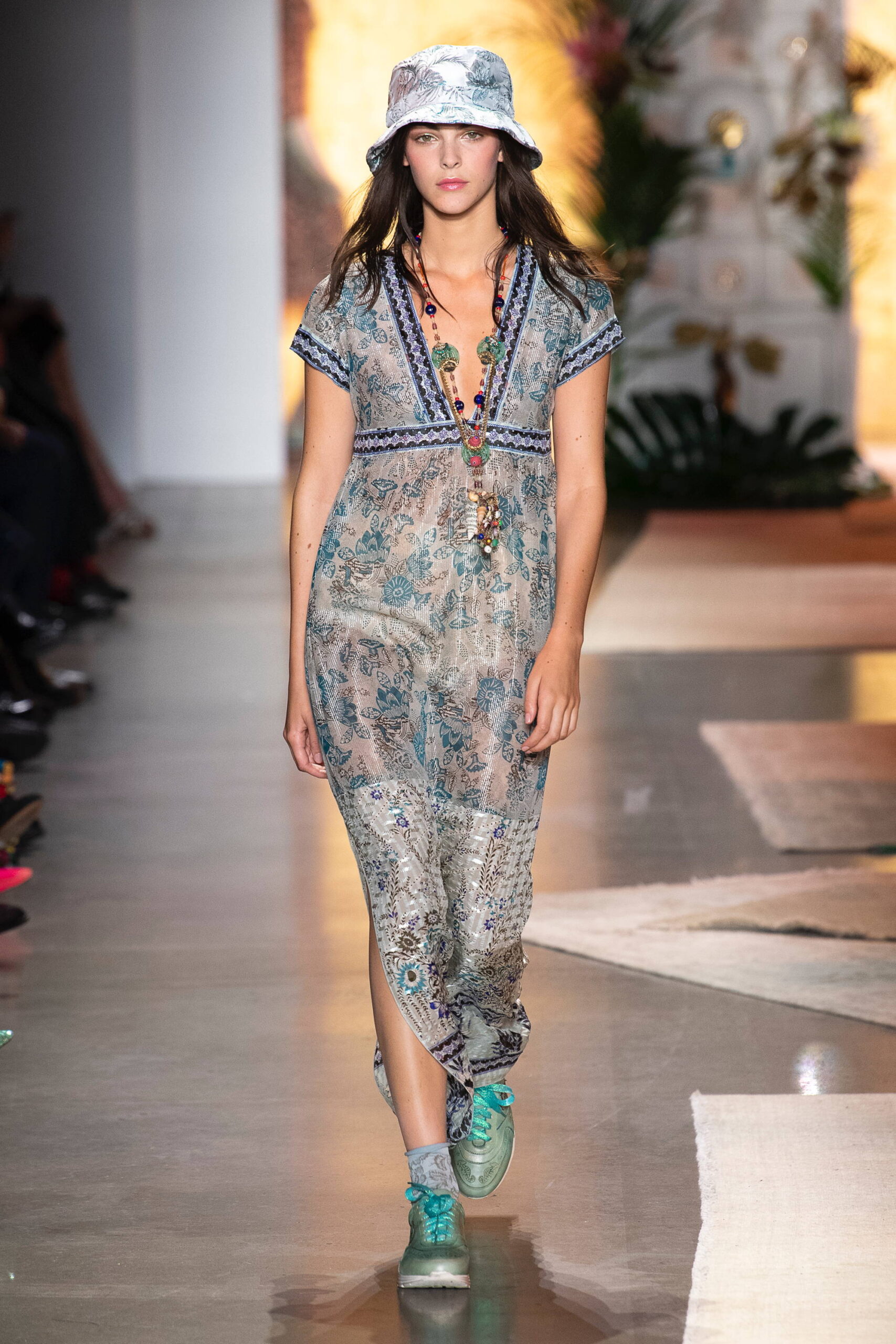 blue cotton short-sleeve v-neck relaxed embroidered tiered dress