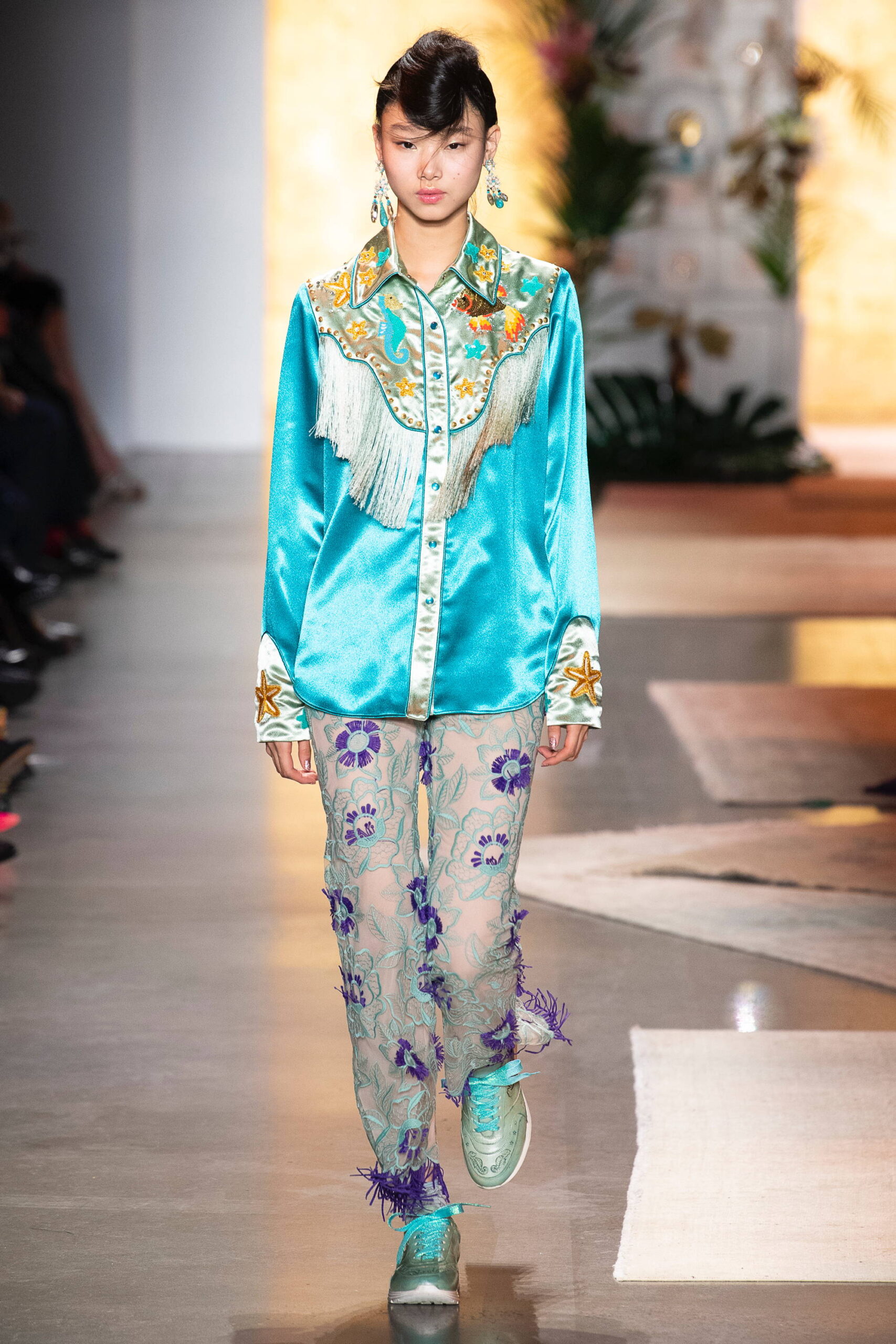 blue silk shirt with fringes
