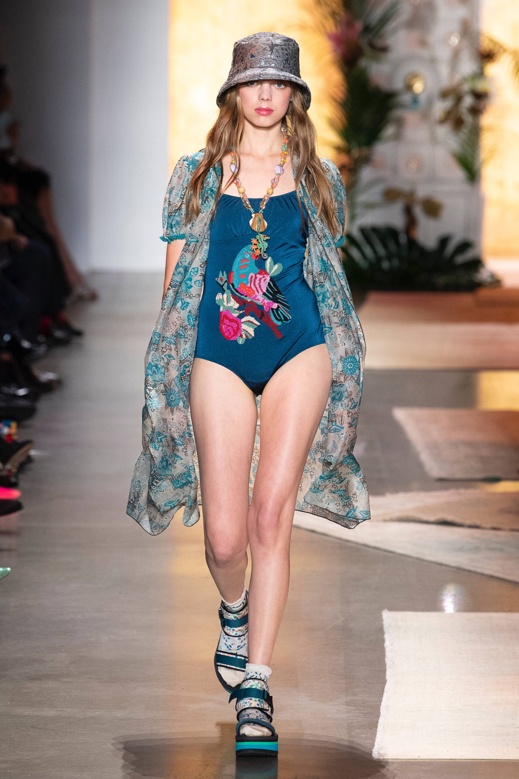 blue embroidered swimsuit with cape