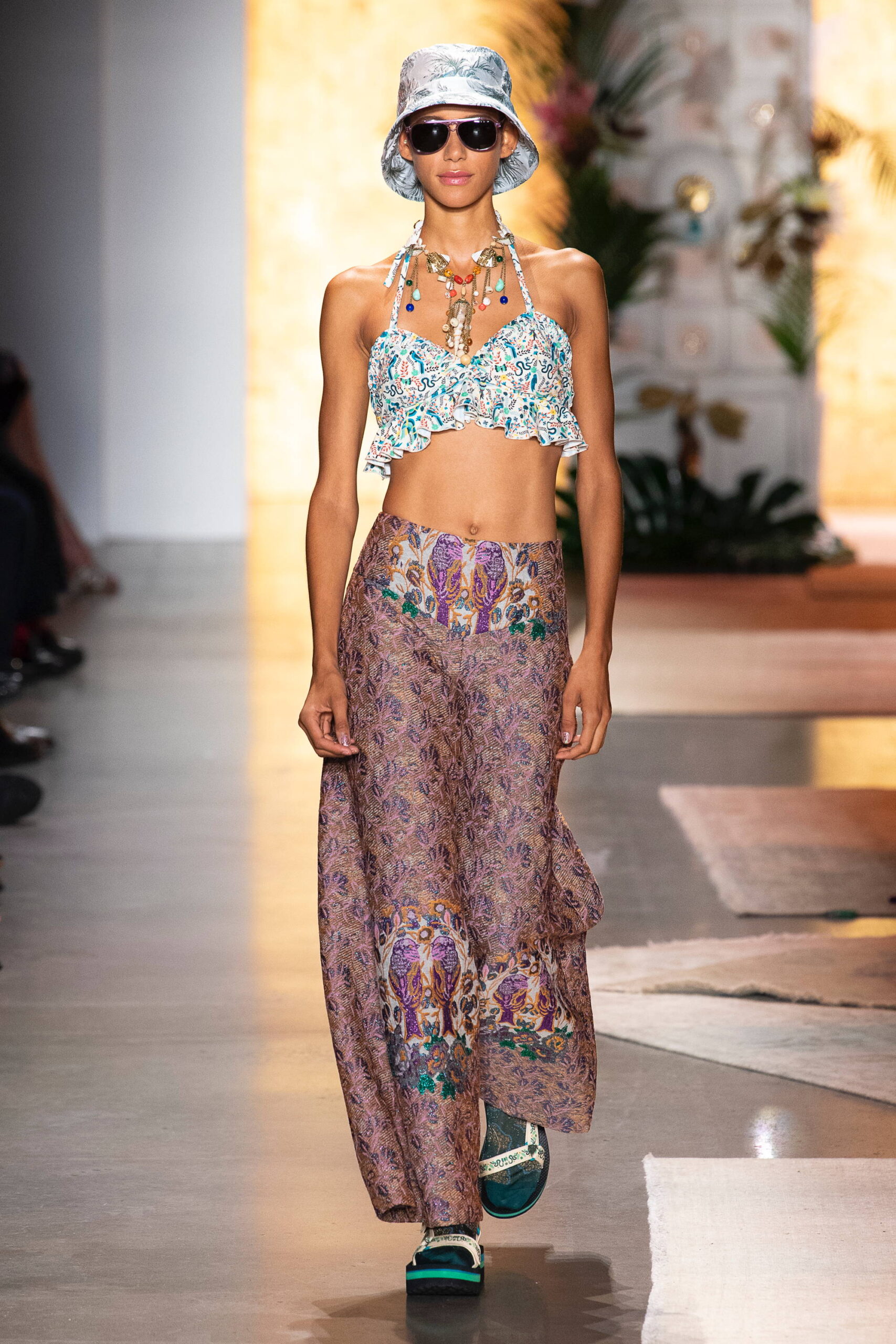 floral crop-top and wide-leg pants