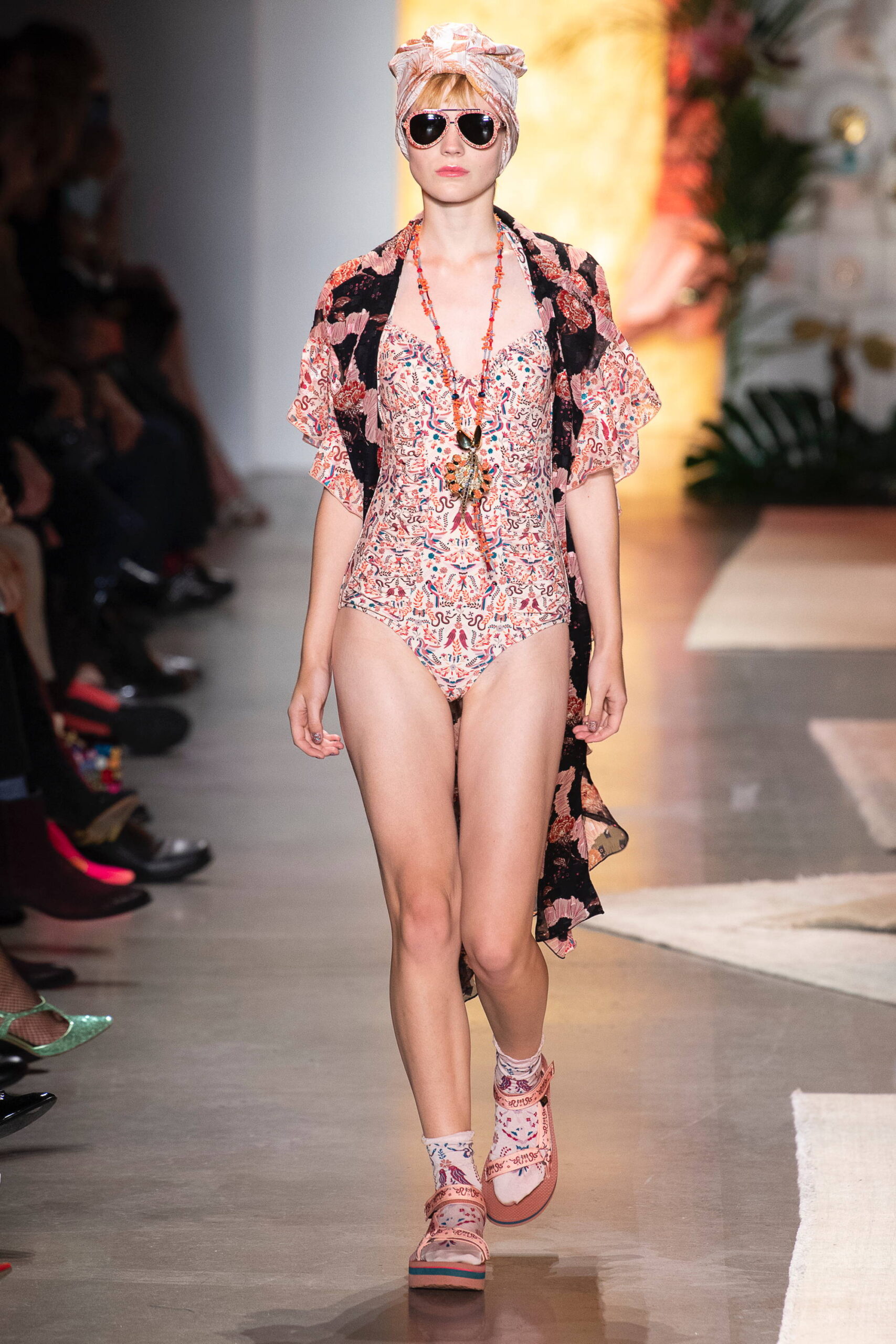 multi-colored swimsuit with floral kimono