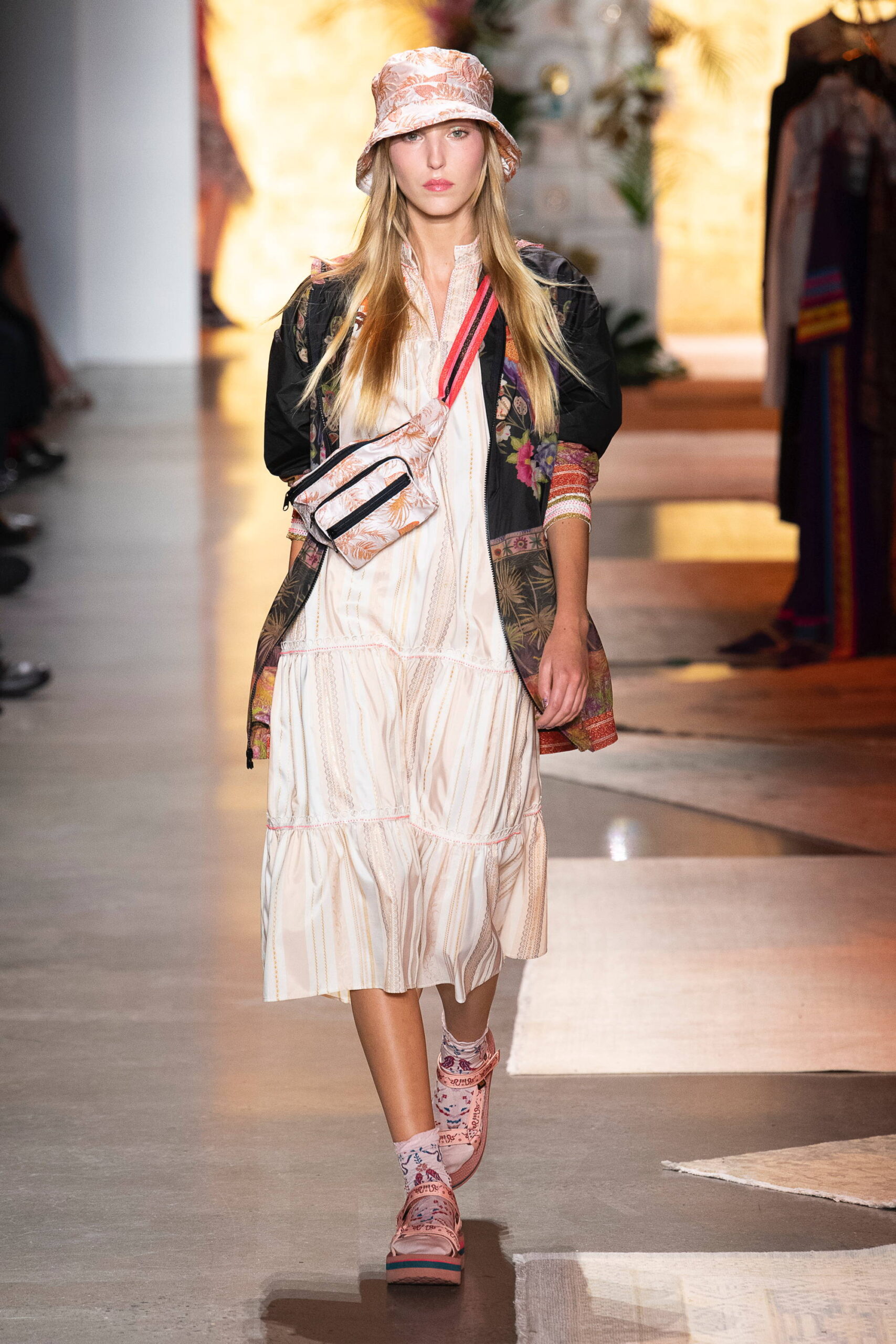 relaxed tiered midi dress with embroidered jacket