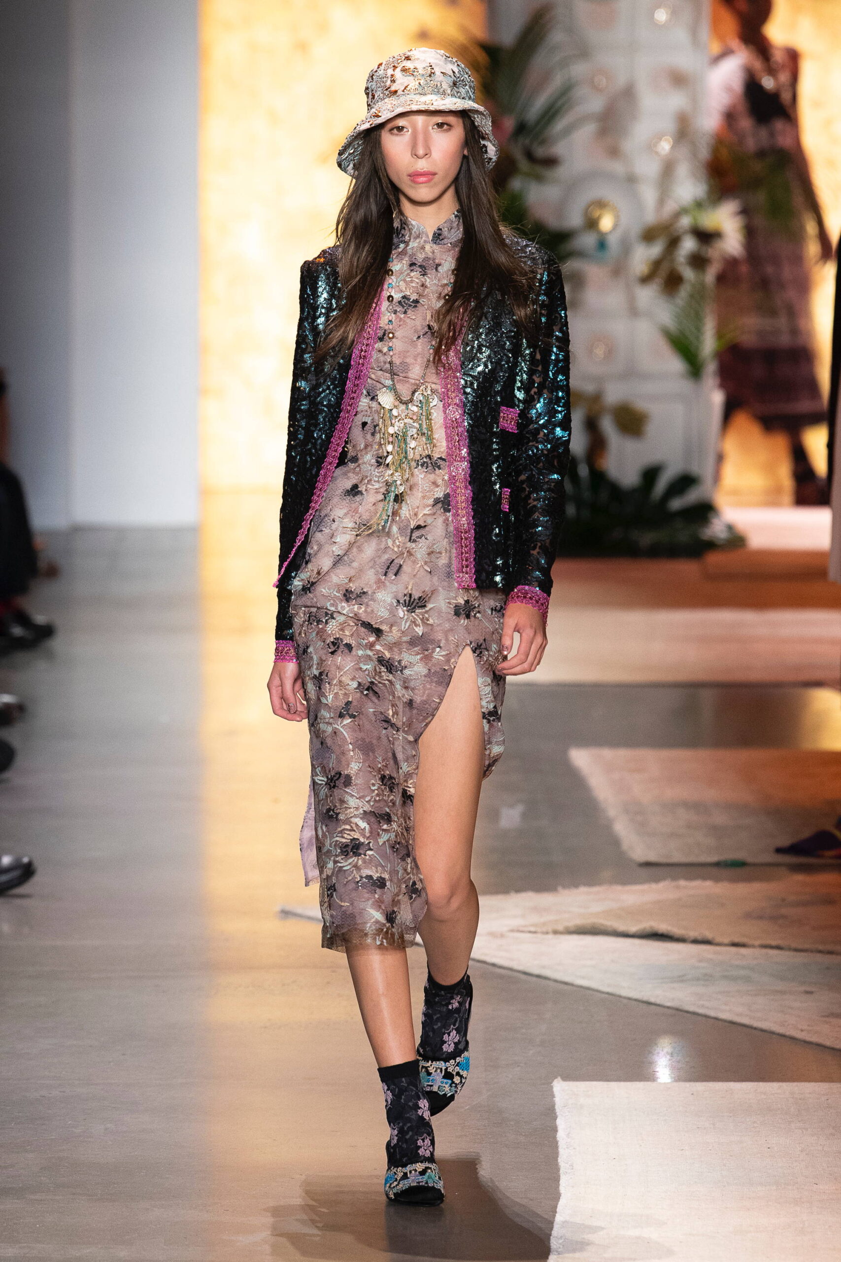 floral midi dress with sequined jacket