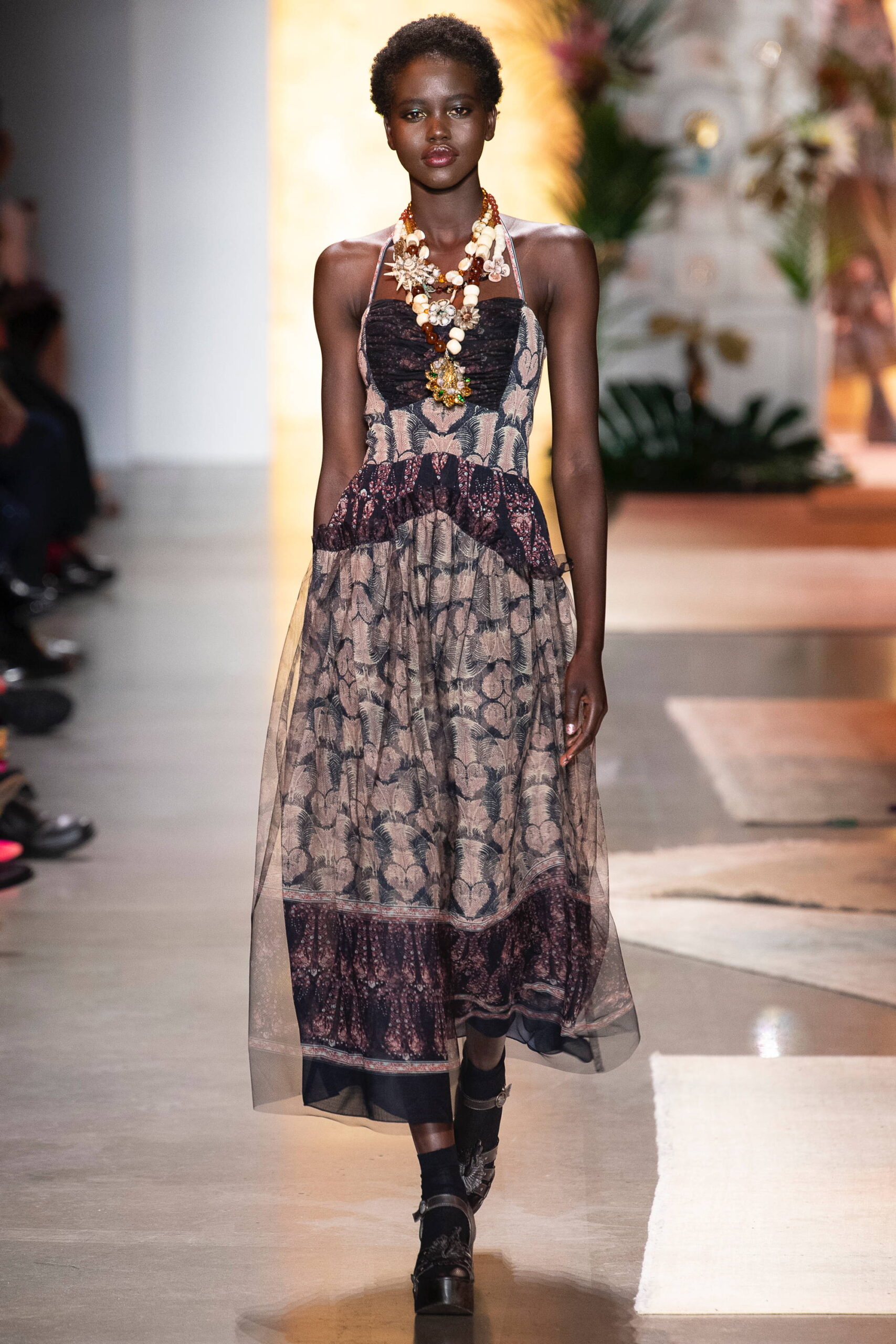 black and beige printed midi dress