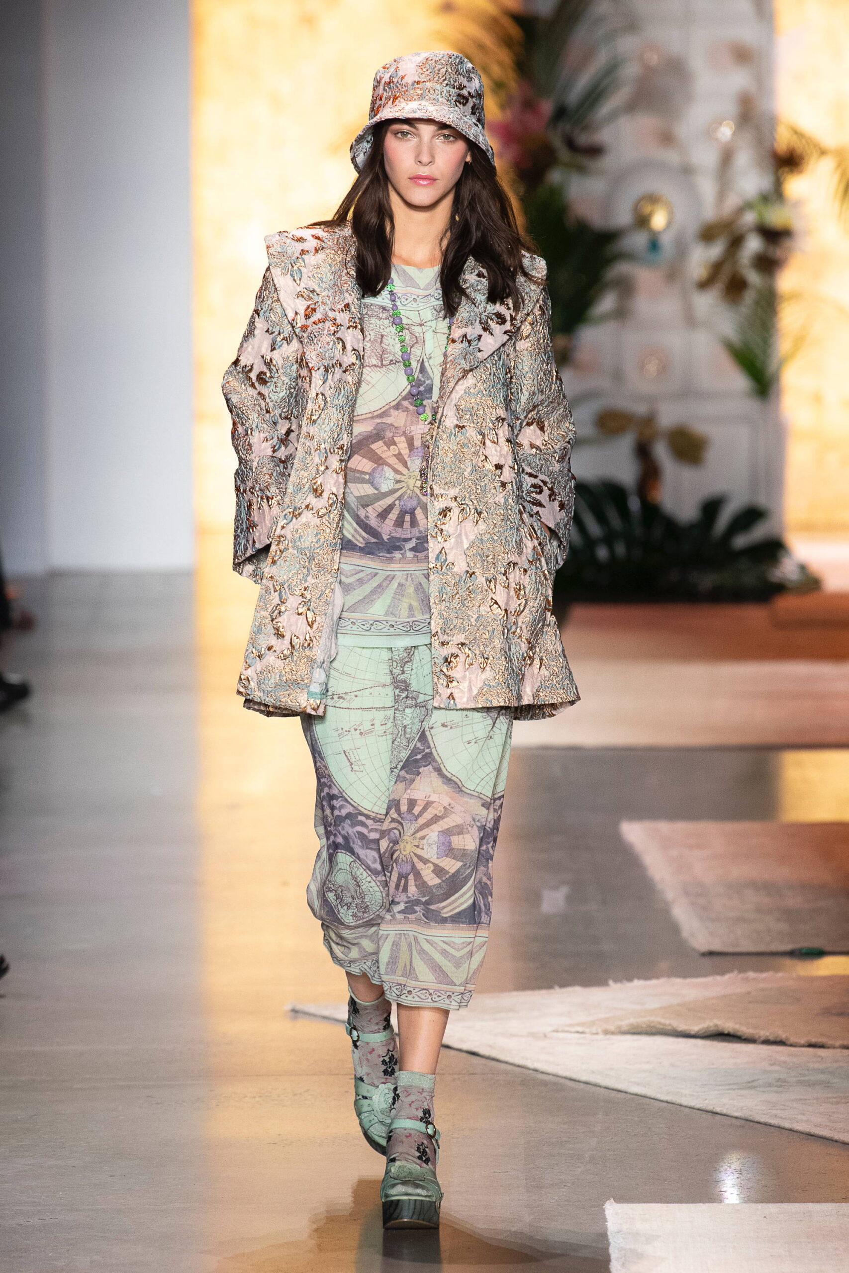 multi-colored printed coat and dress
