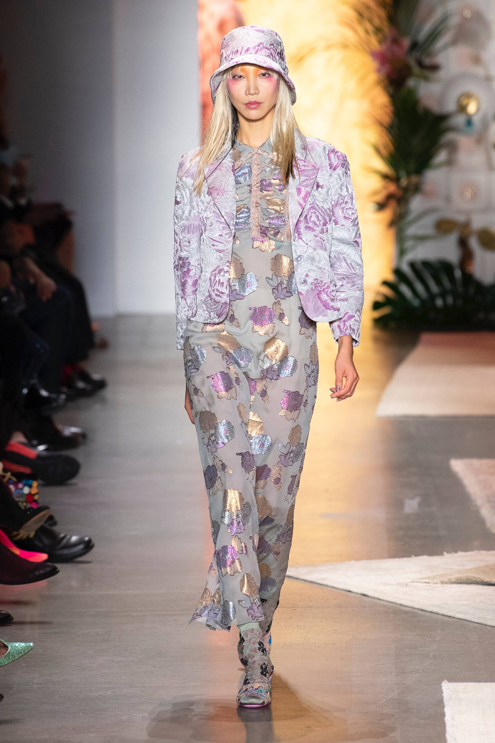 purple silk jacket and gray dress