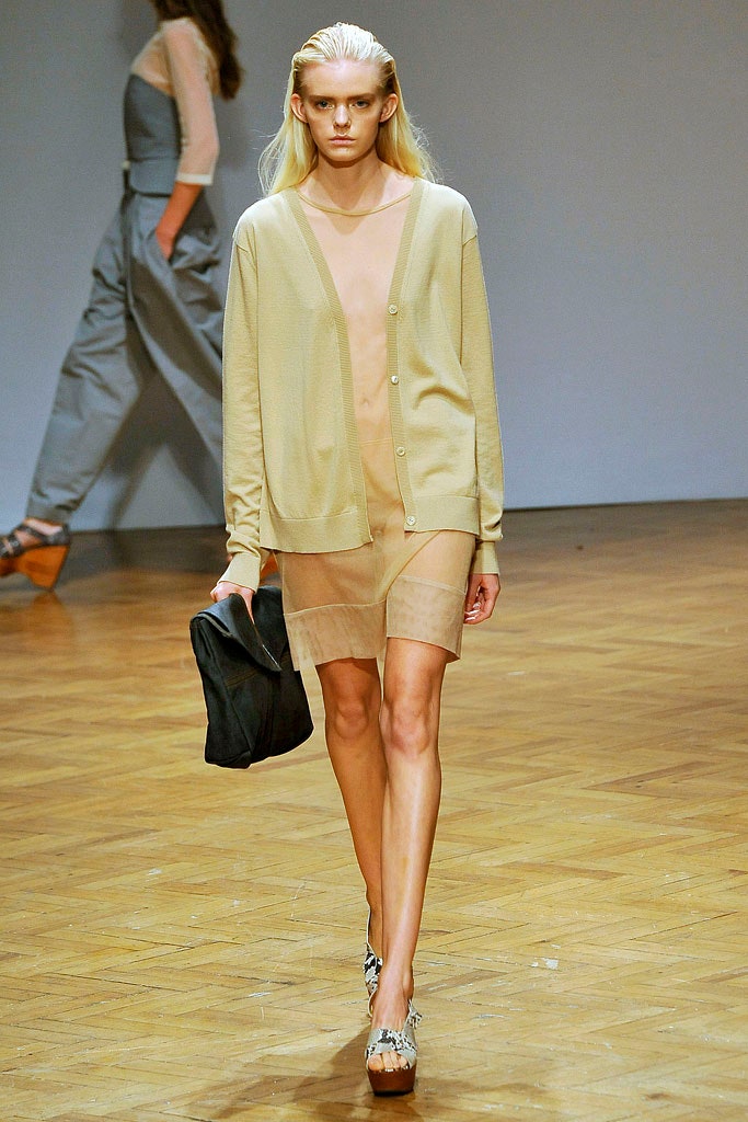 beige cardigan and sheer dress