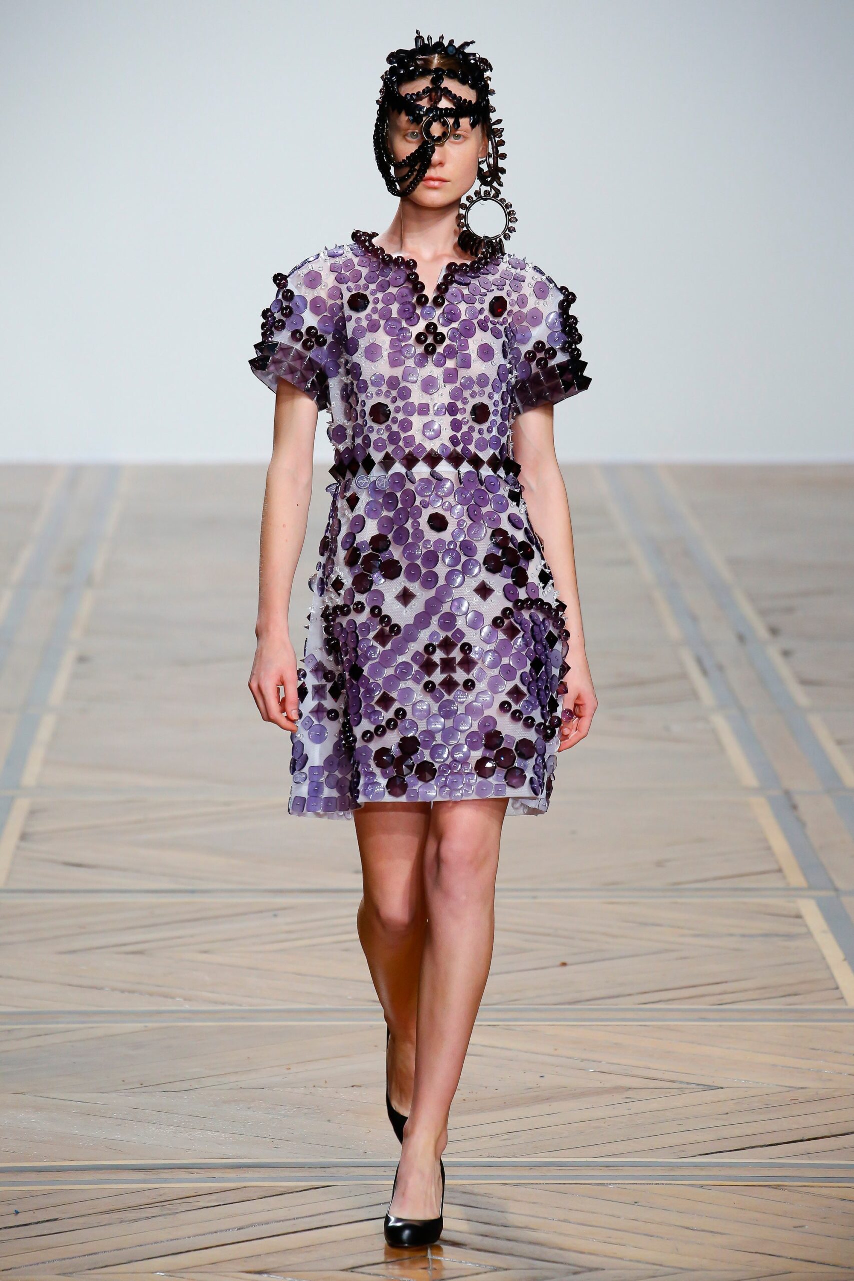 fitted purple embroidered mini dress