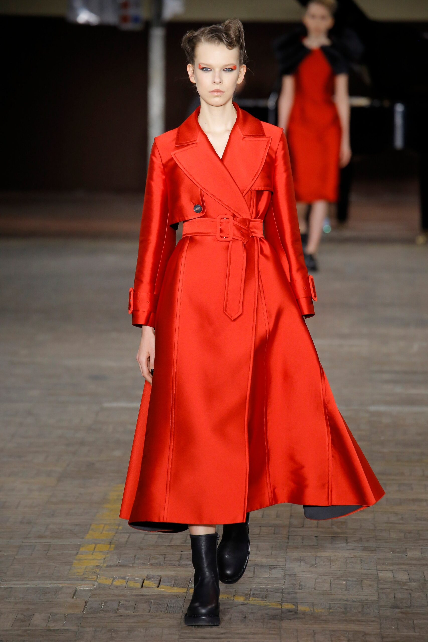 fitted red satin trench coat