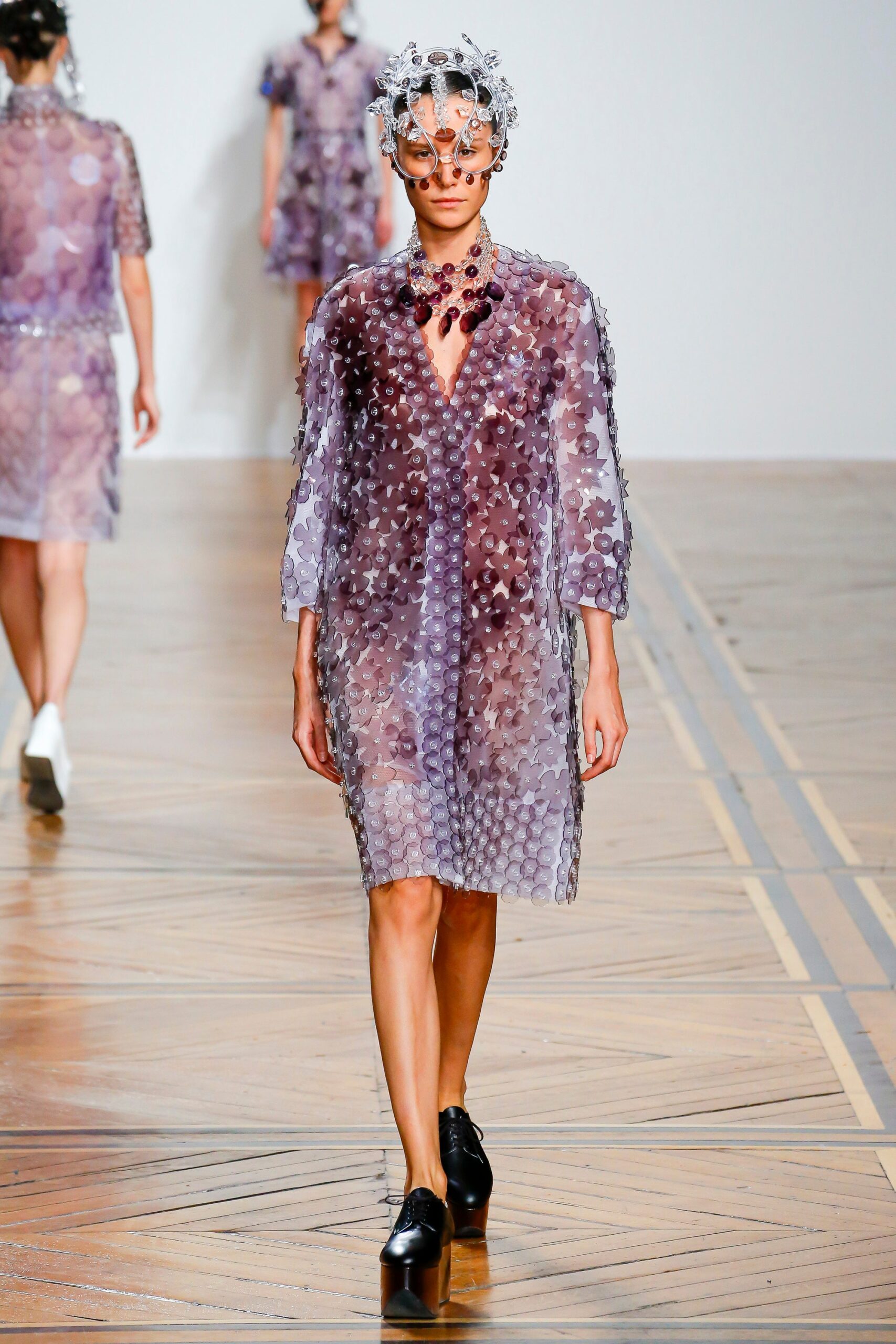 purple sheer embellished midi dress