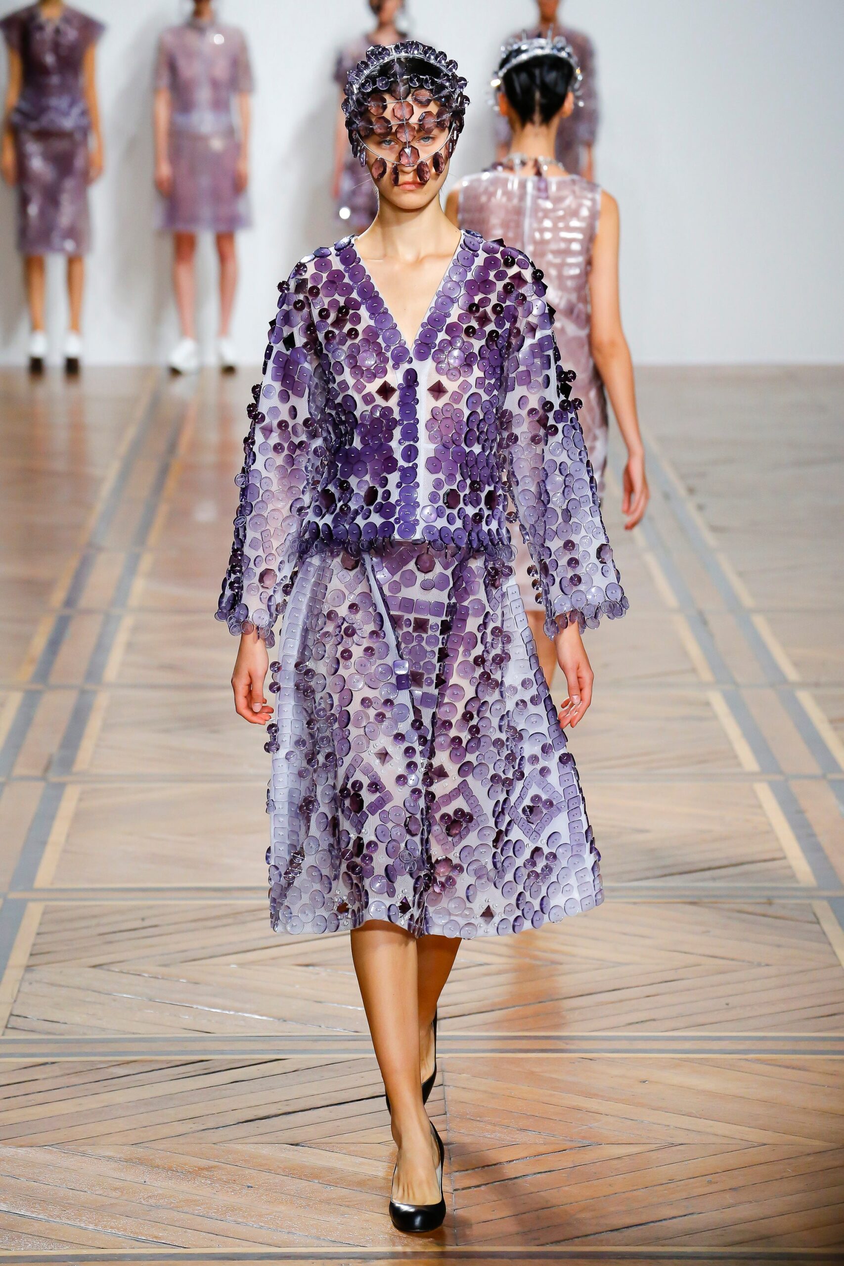 purple sheer embellished midi dress