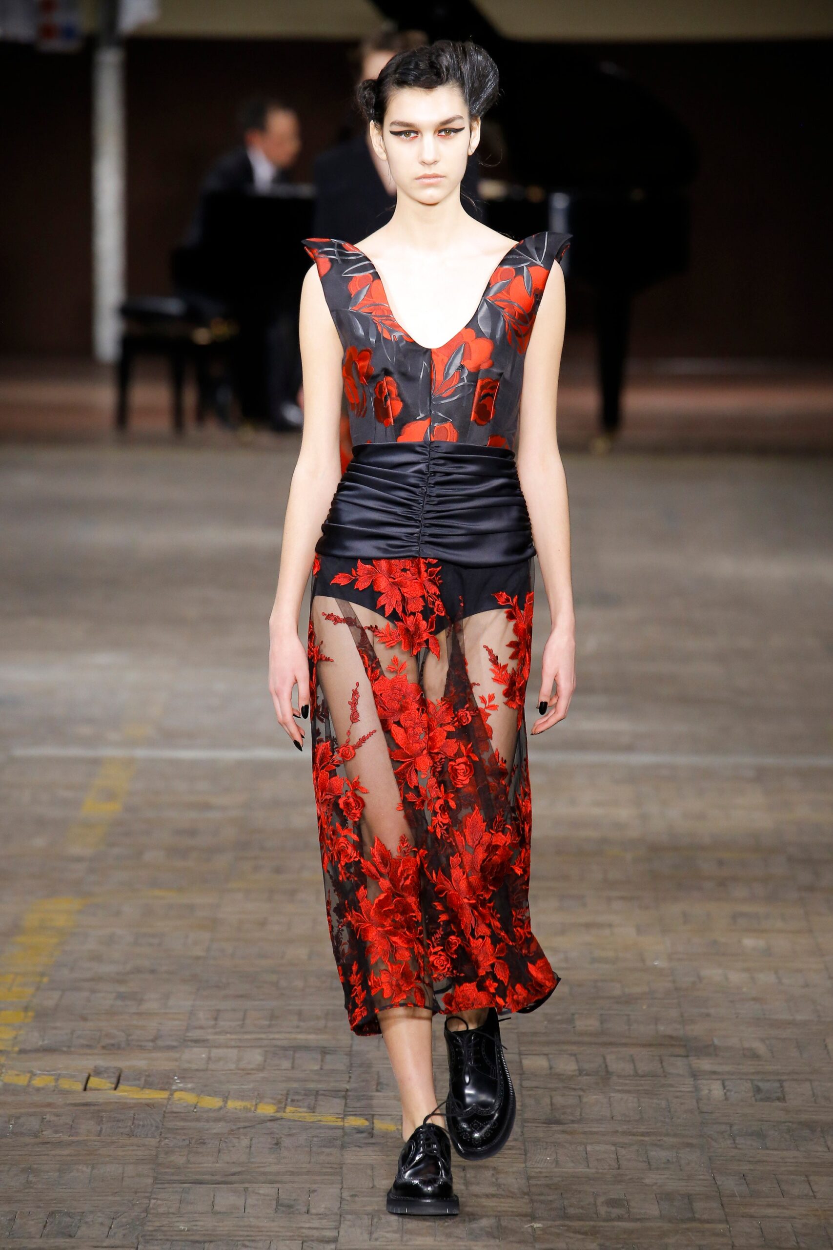 red and black embroidered midi dress