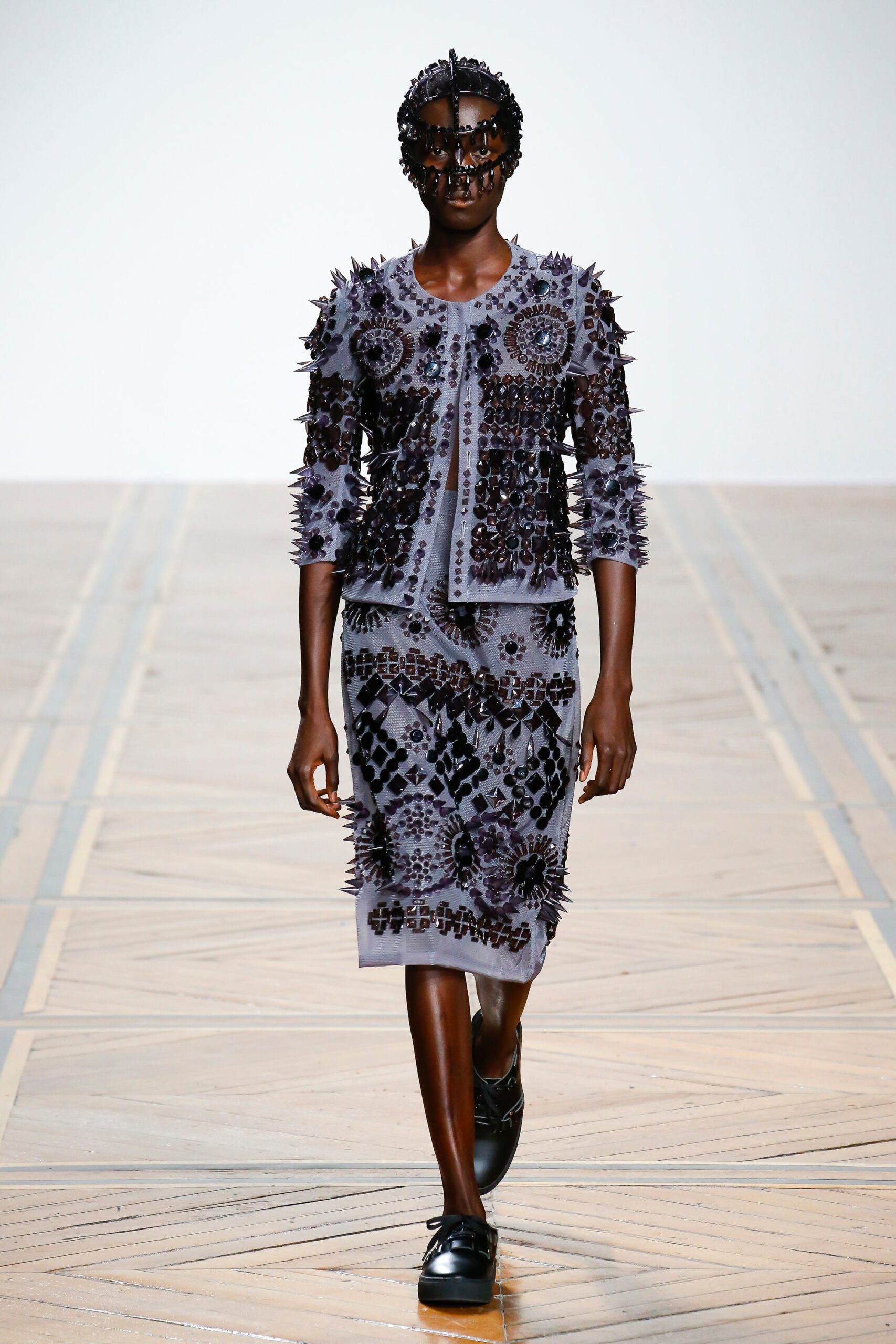 purple lace embroidered jacket and skirt