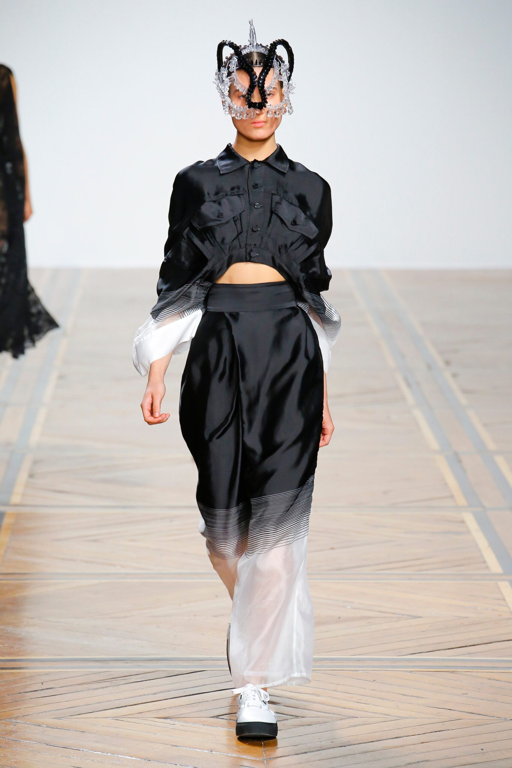 black silk fitted top and skirt