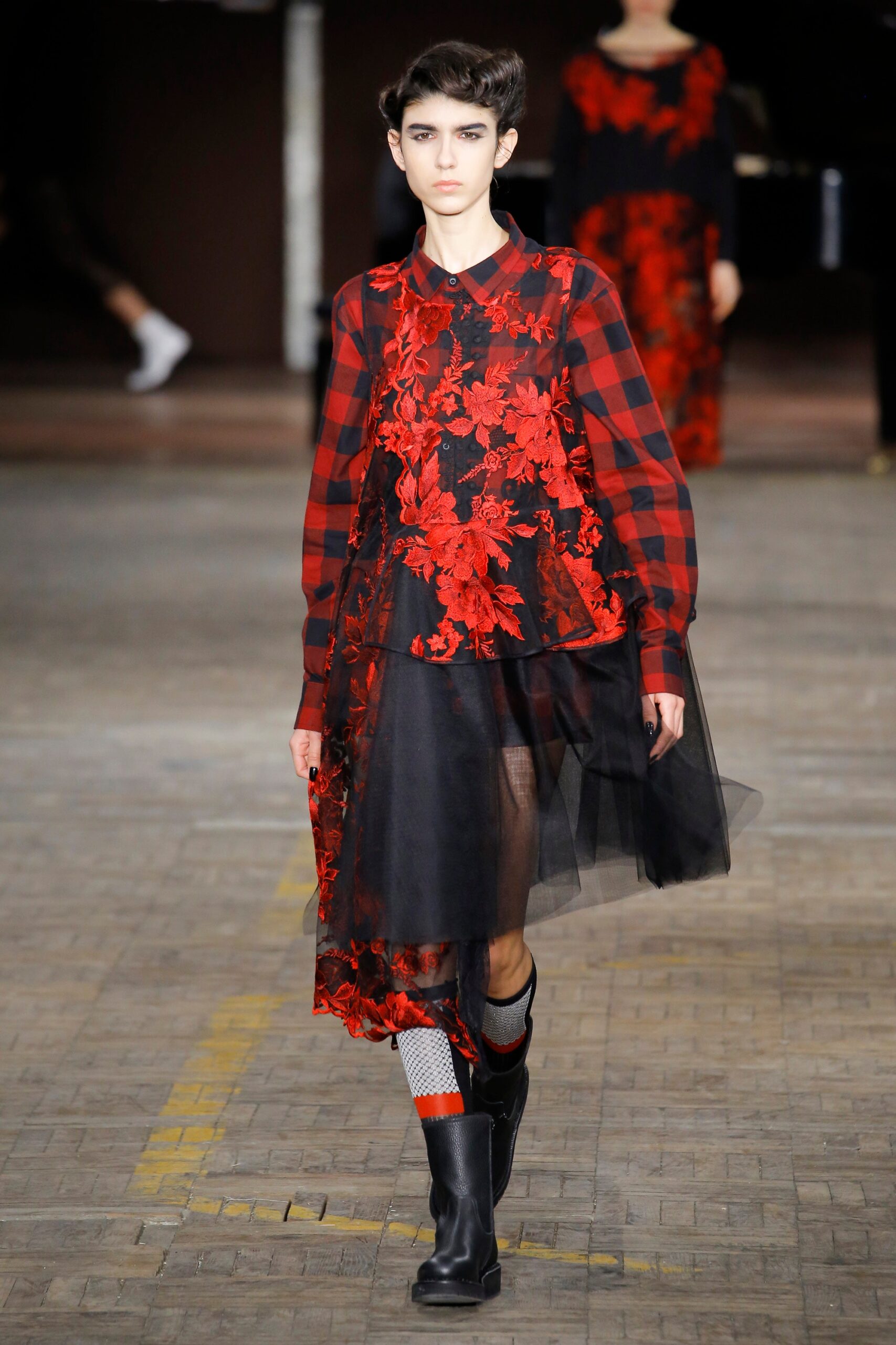 red cotton long-sleeve collared fitted embroidered layered dress