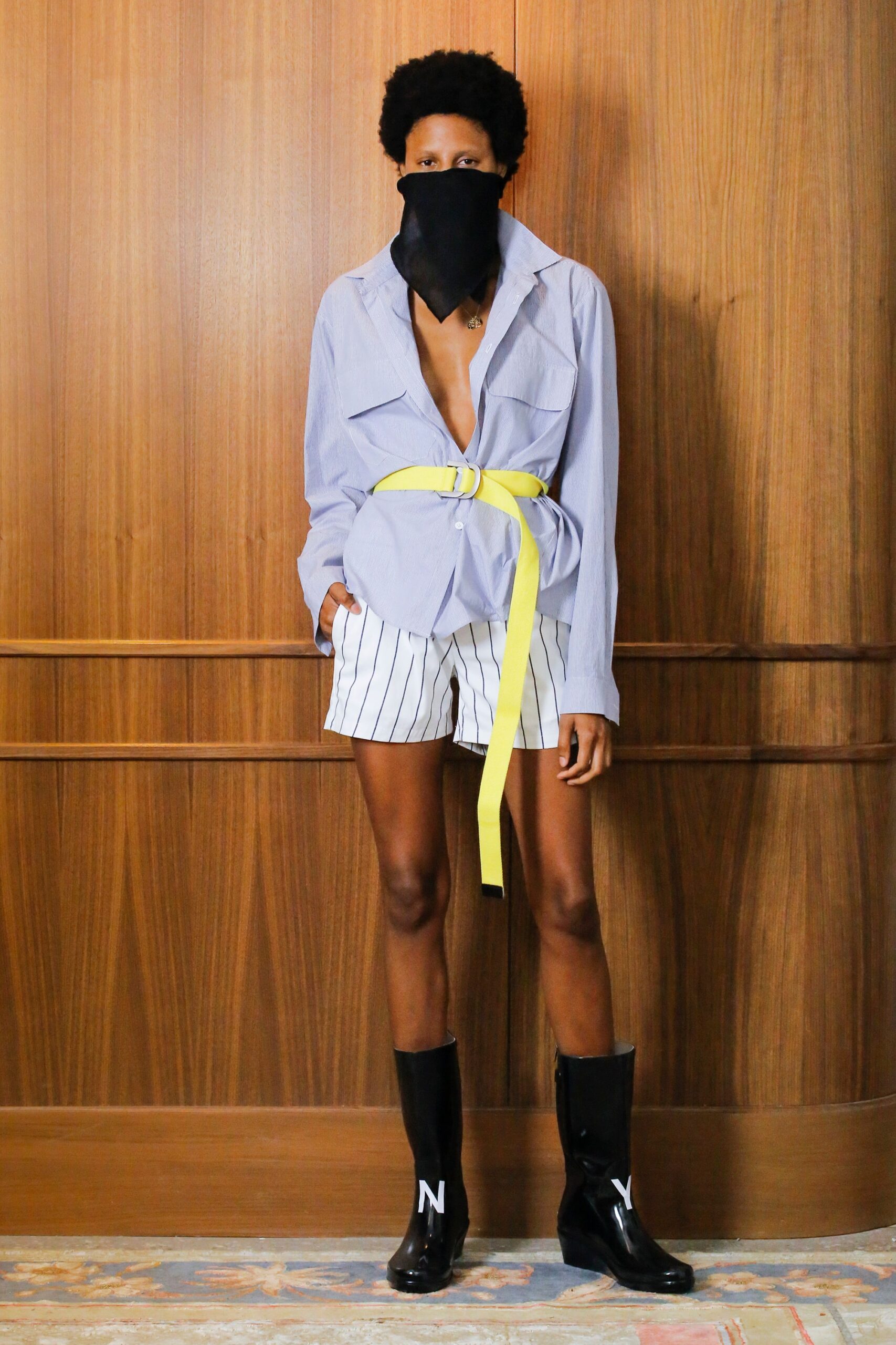 blue cotton shirt with striped shorts