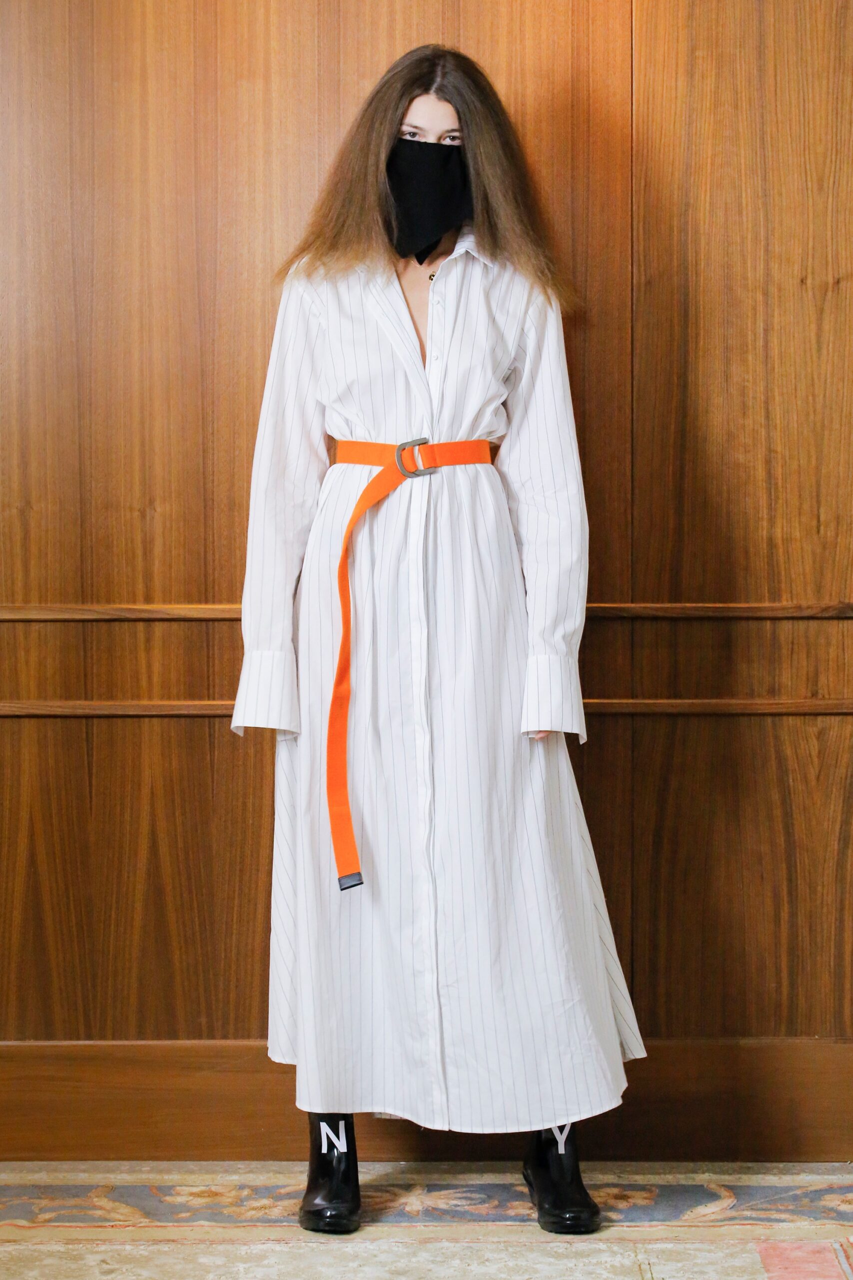 white striped shirt-dress with orange belt