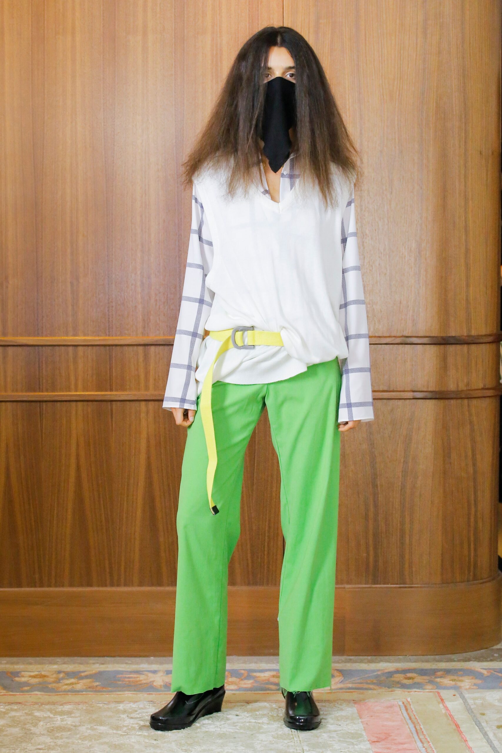 relaxed white checked shirt with green pants