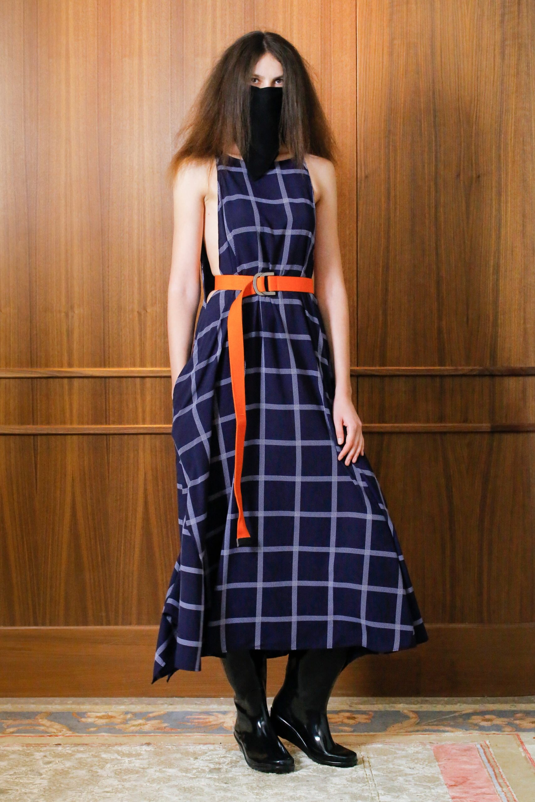 navy and white checked midi dress