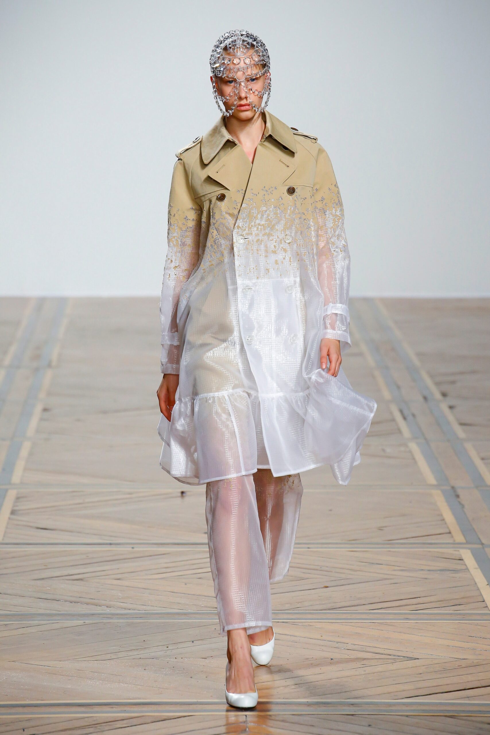 beige and white sheer trench coat