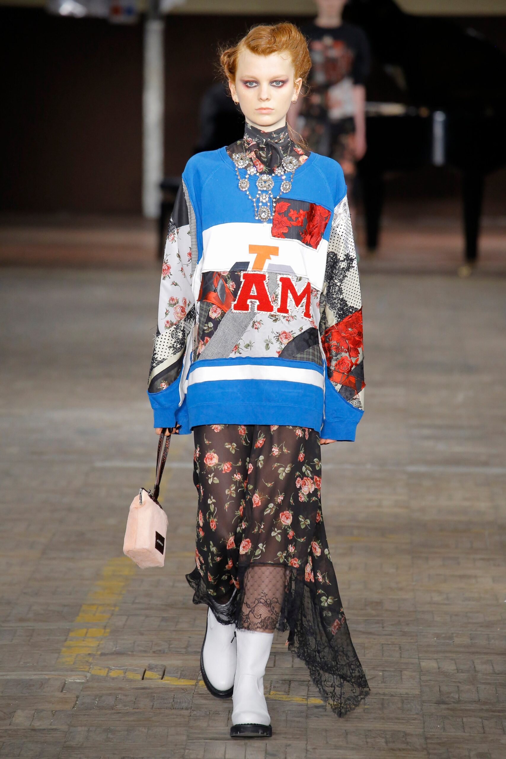 blue color-blocked sweater with floral dress