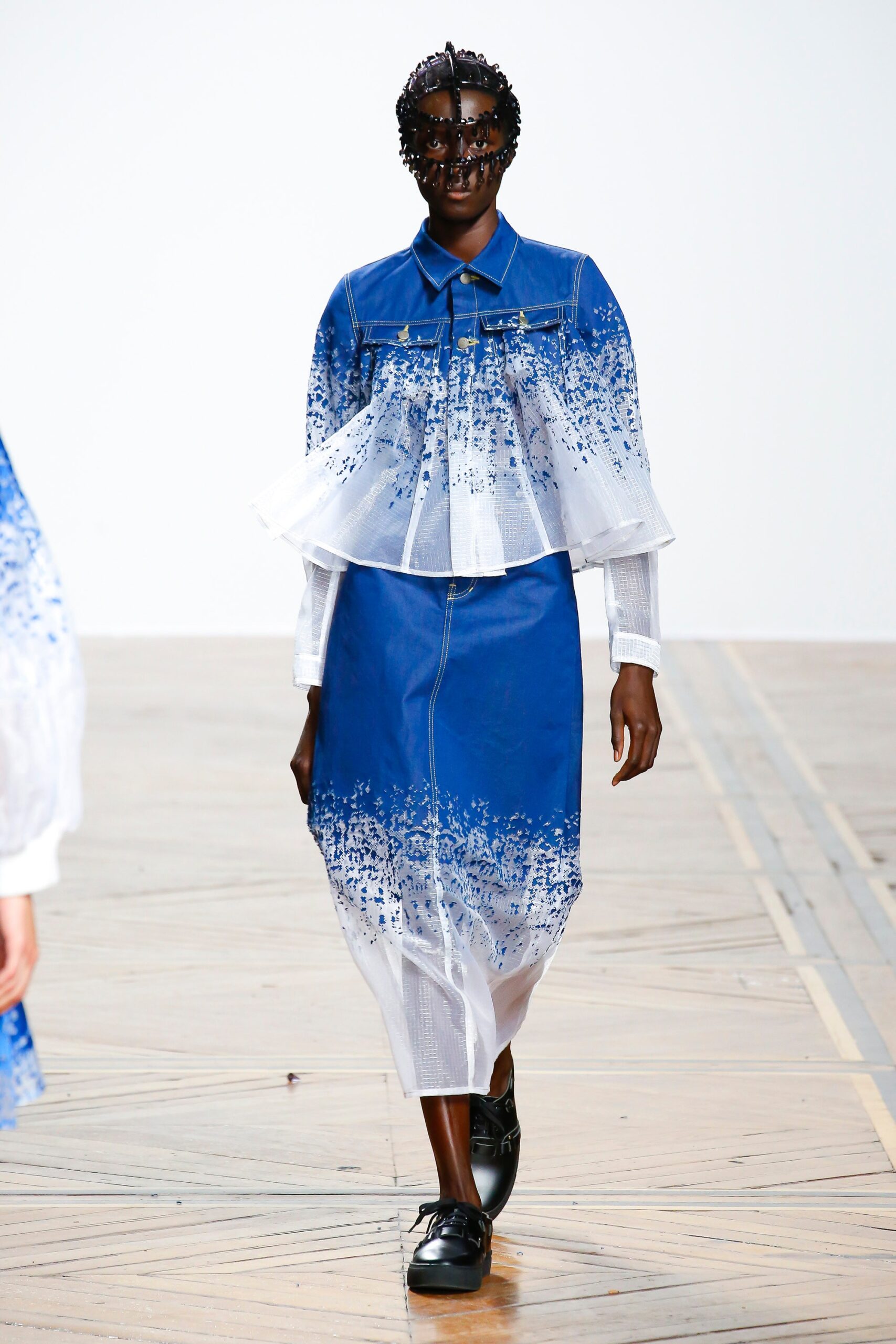 blue denim midi dress with chiffon cape