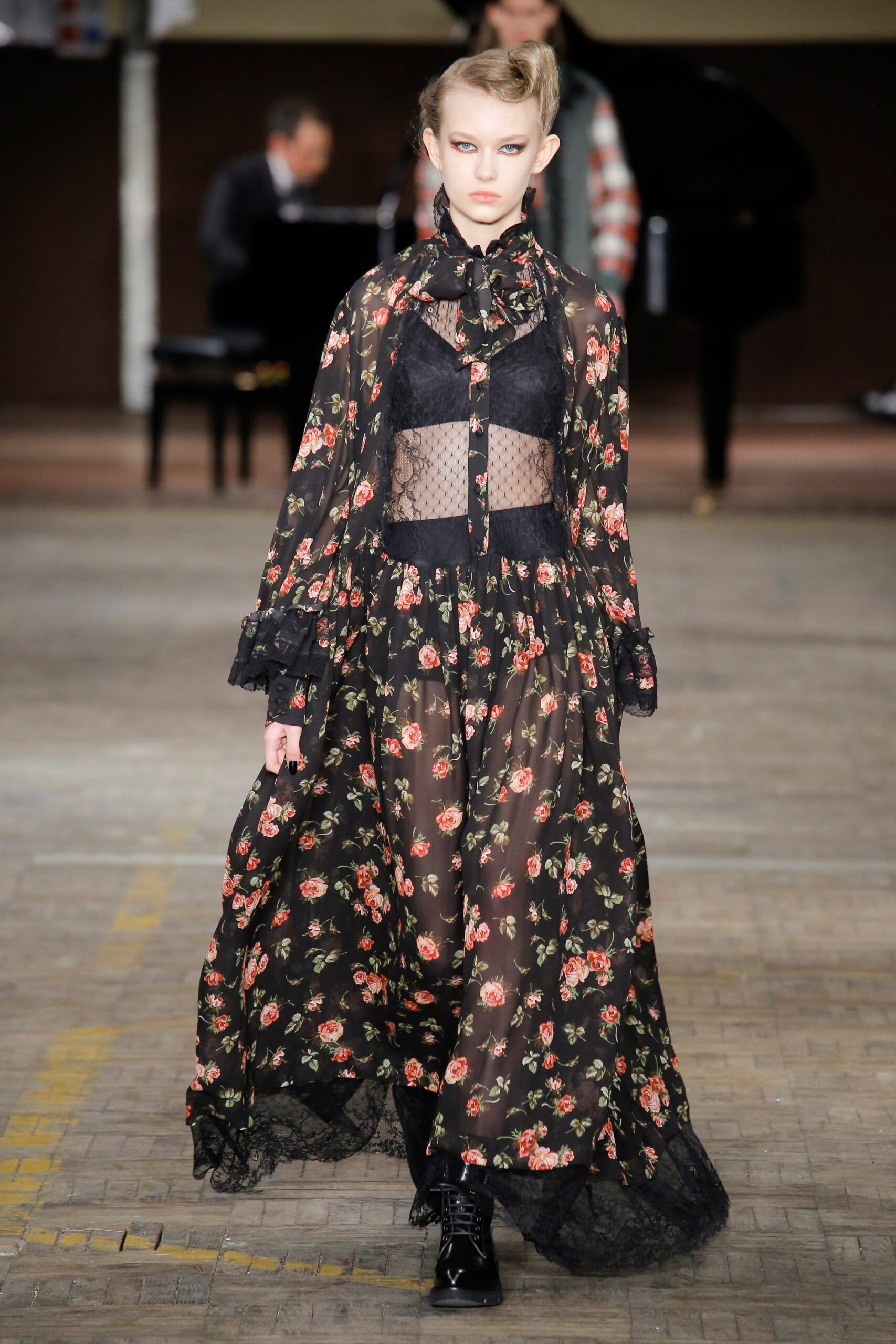 black chiffon long-sleeve high-neck fitted floral flared dress