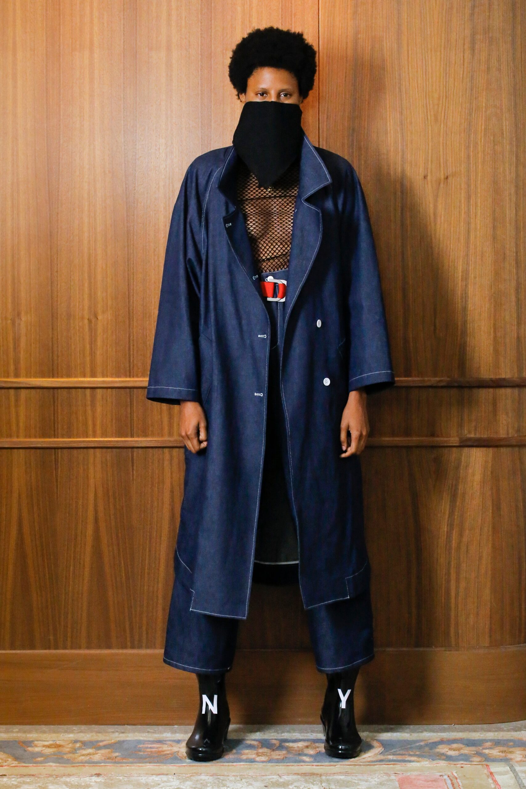 blue denim oversized coat with black mesh top