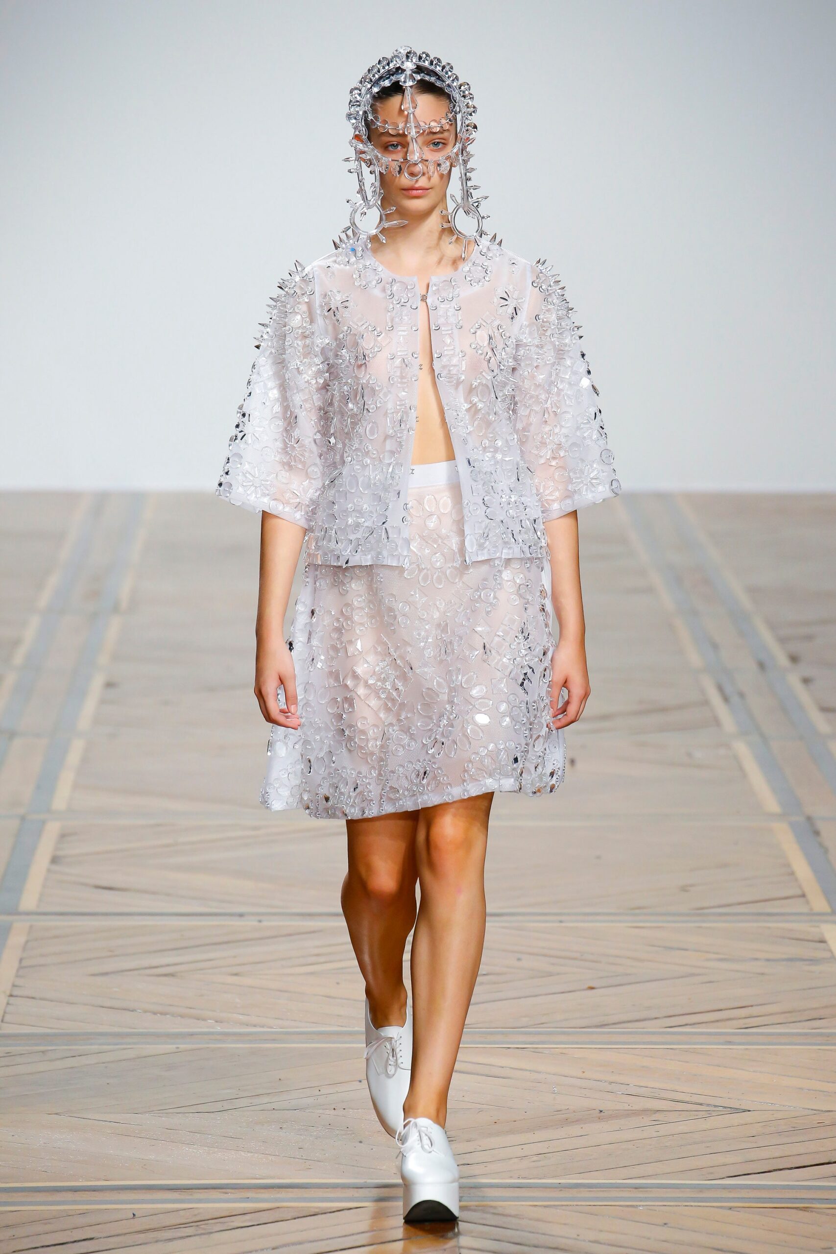 white organza short-sleeve collared fitted embroidered sheer jacket