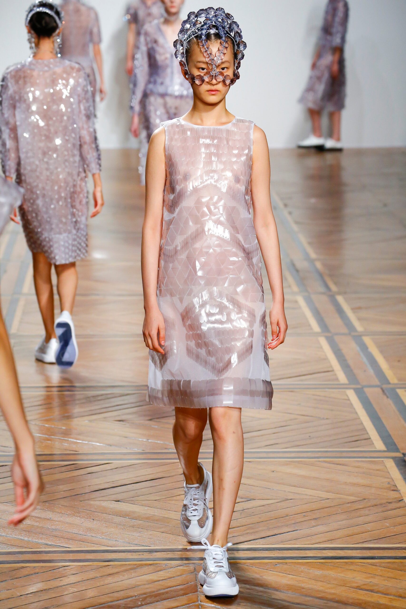 clear vinyl sleeveless high-neck fitted layered sheer dress