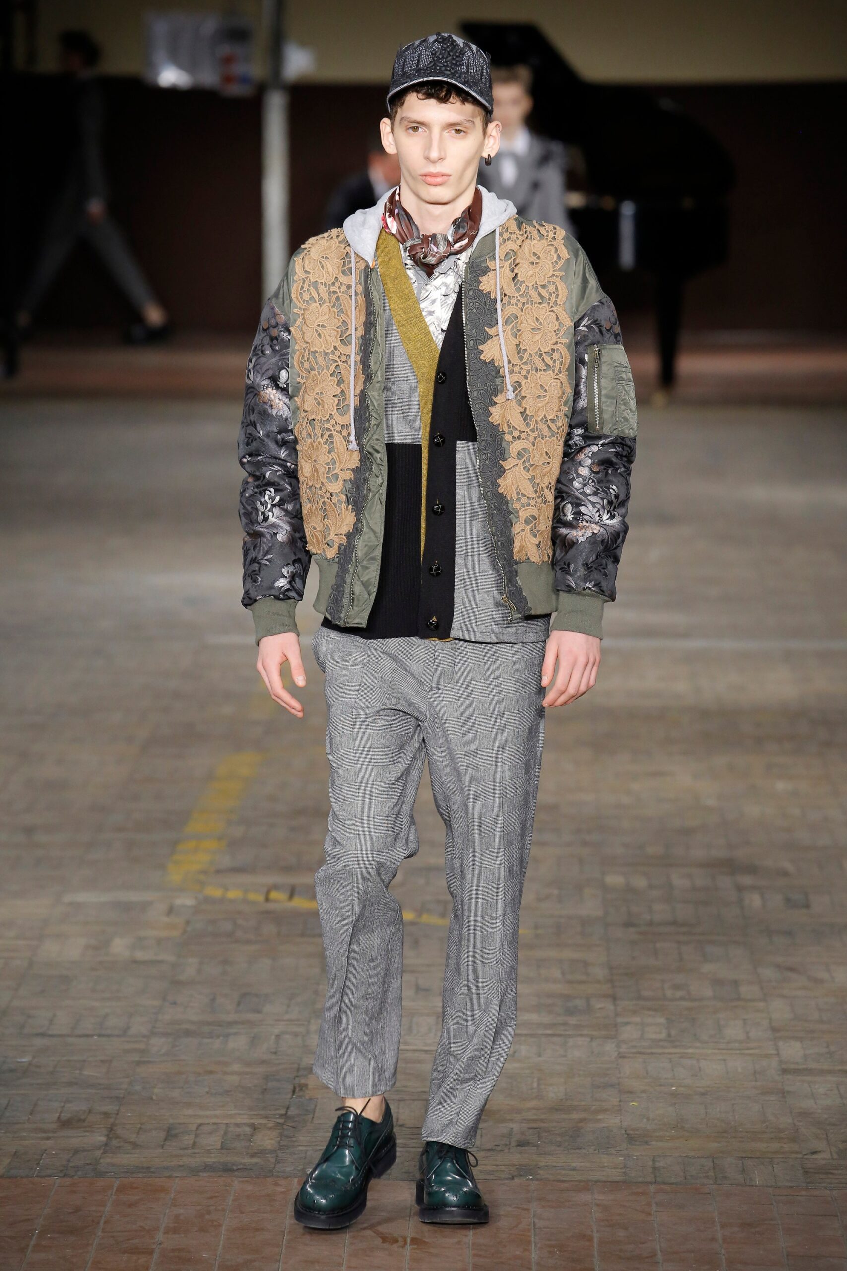 gray cotton long-sleeve collared relaxed embroidered layered jacket