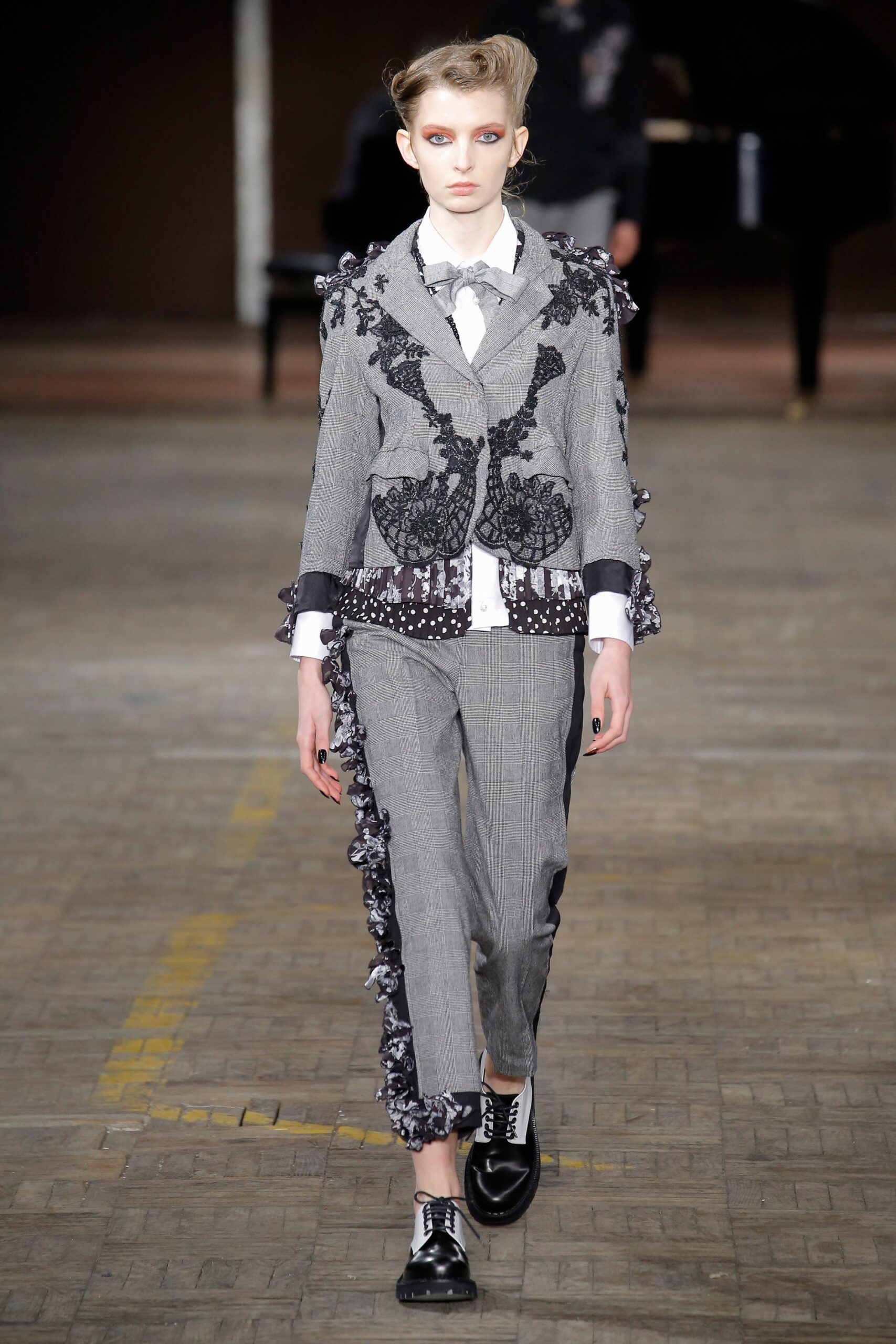 gray embroidered blazer with pants