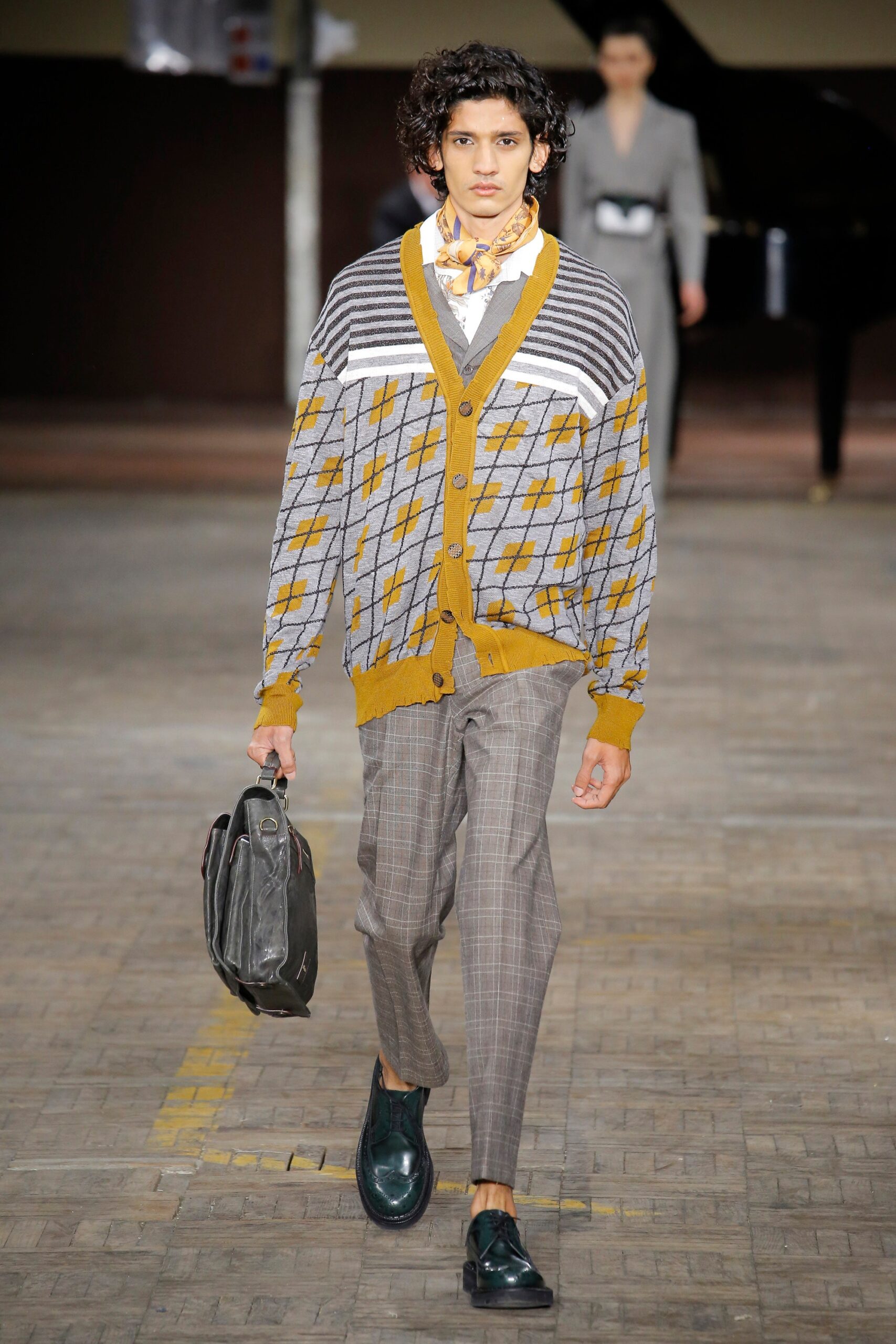 gray and yellow checked cardigan