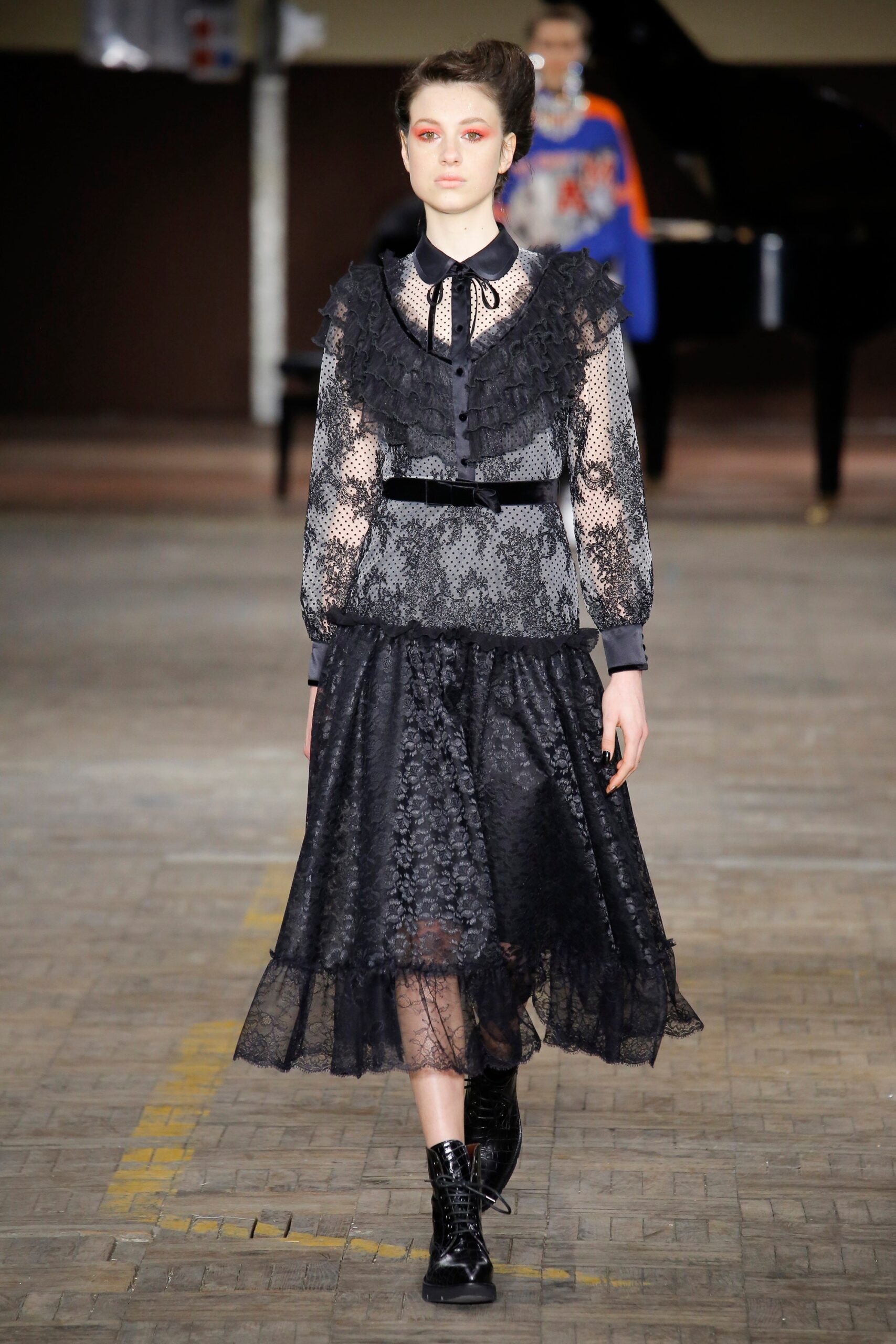 black lace long-sleeve collared fitted ruffled layered blouse