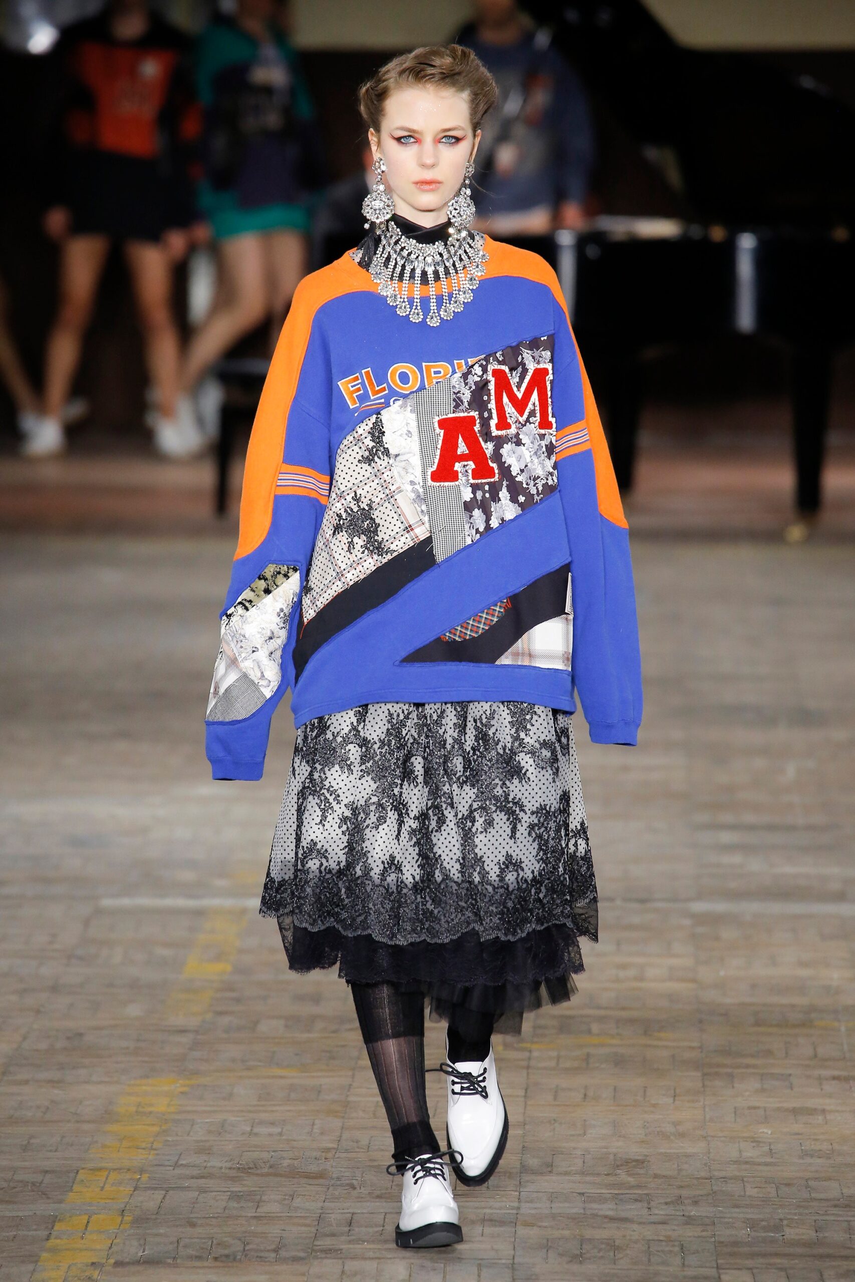 blue cotton long-sleeve collared oversized printed layered sweater