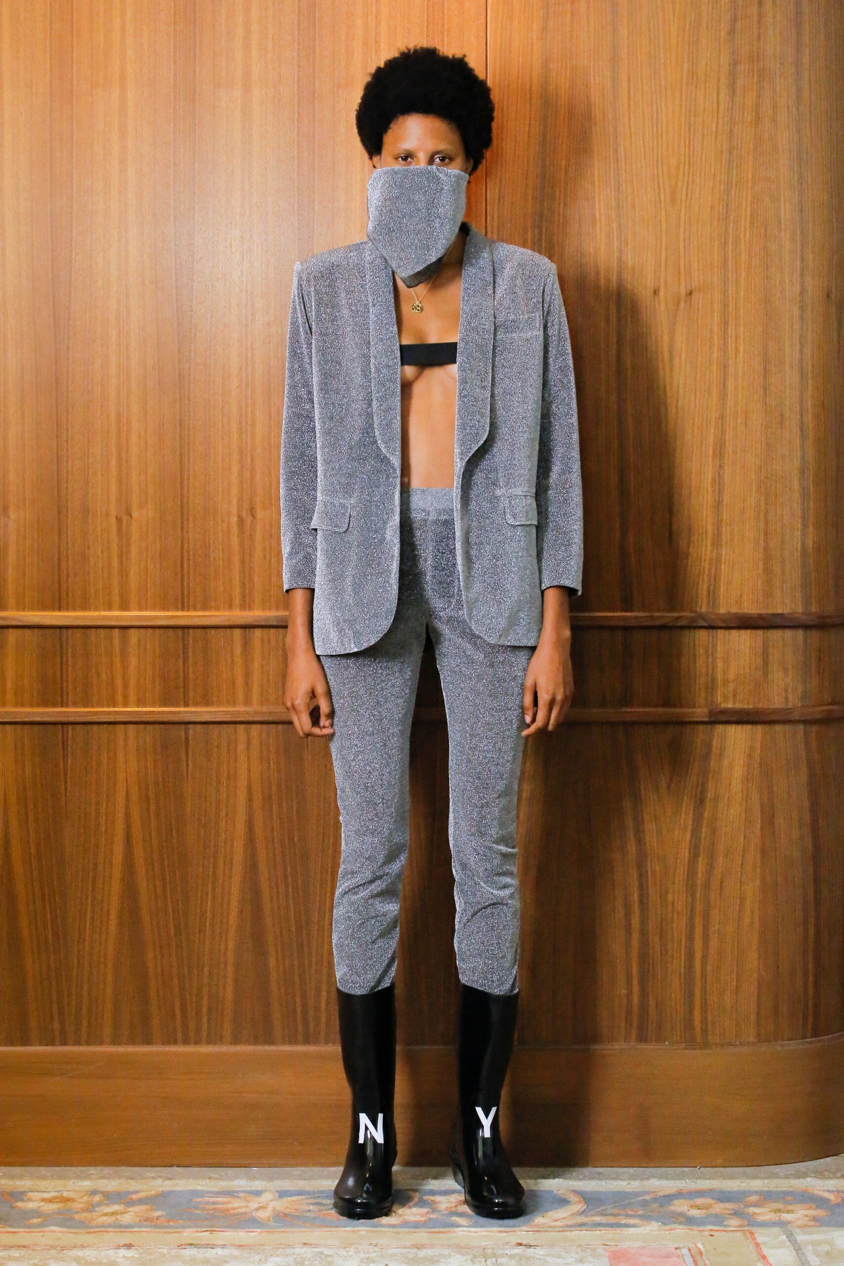 metallic gray tailored blazer and fitted pants