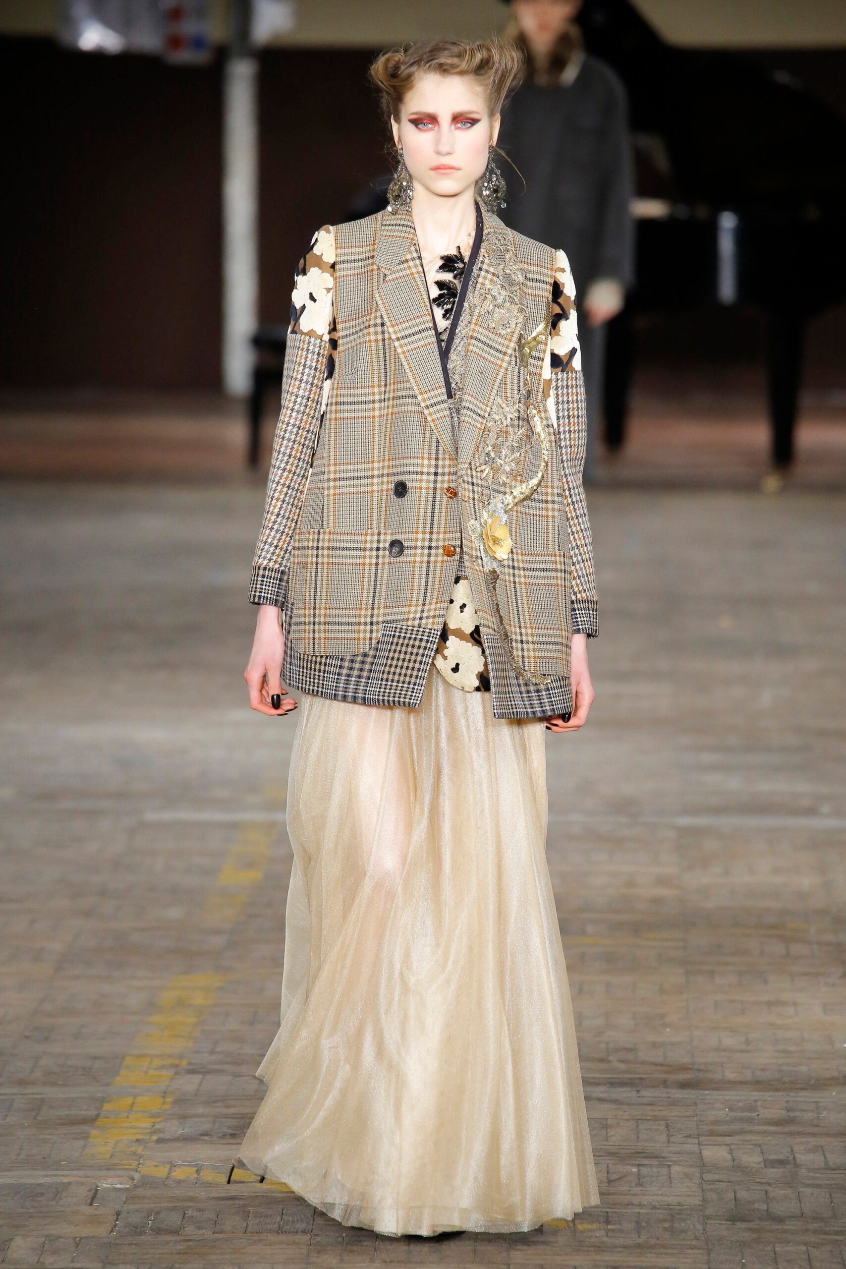 gray checked blazer and gold gown