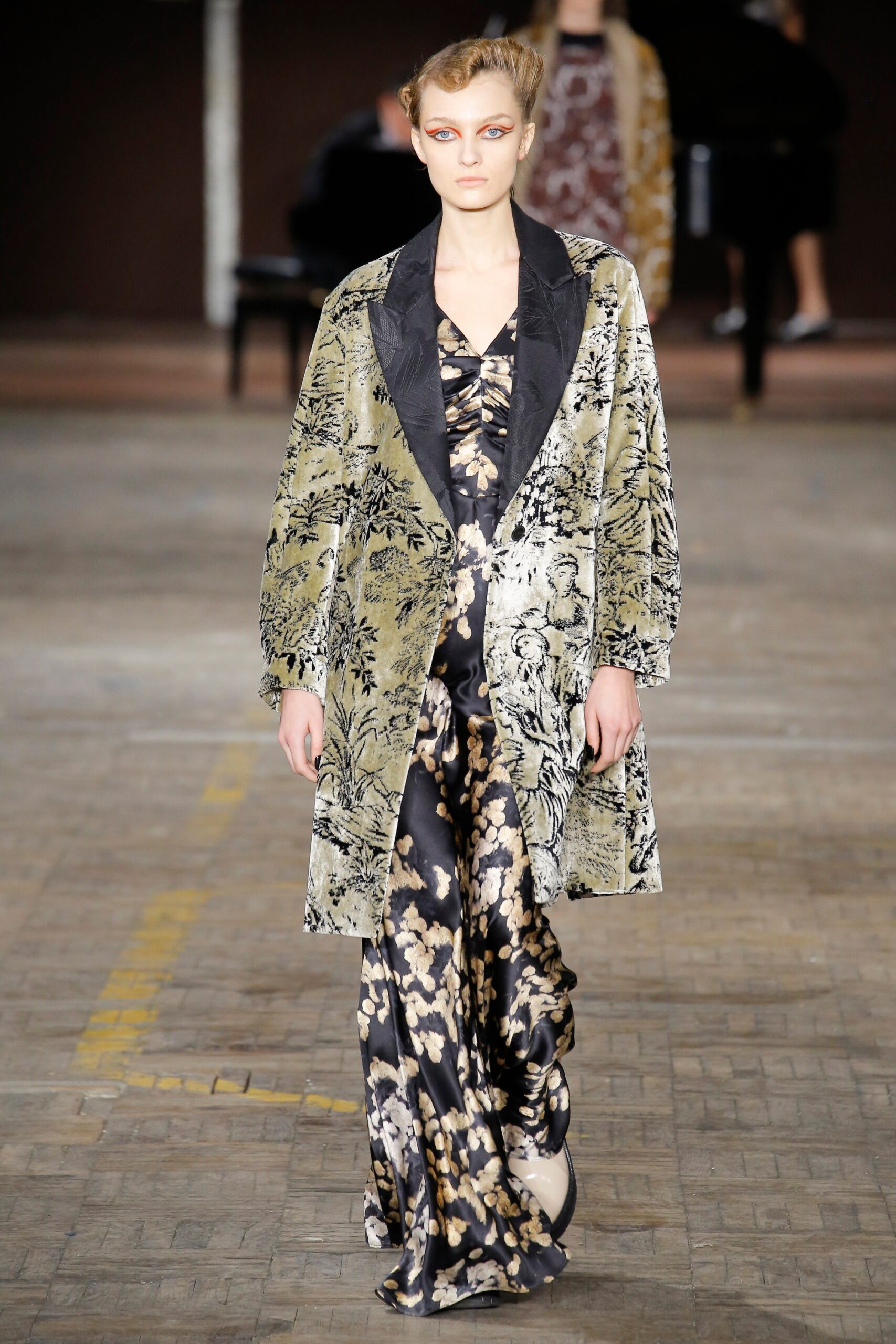black and gold printed dress and coat