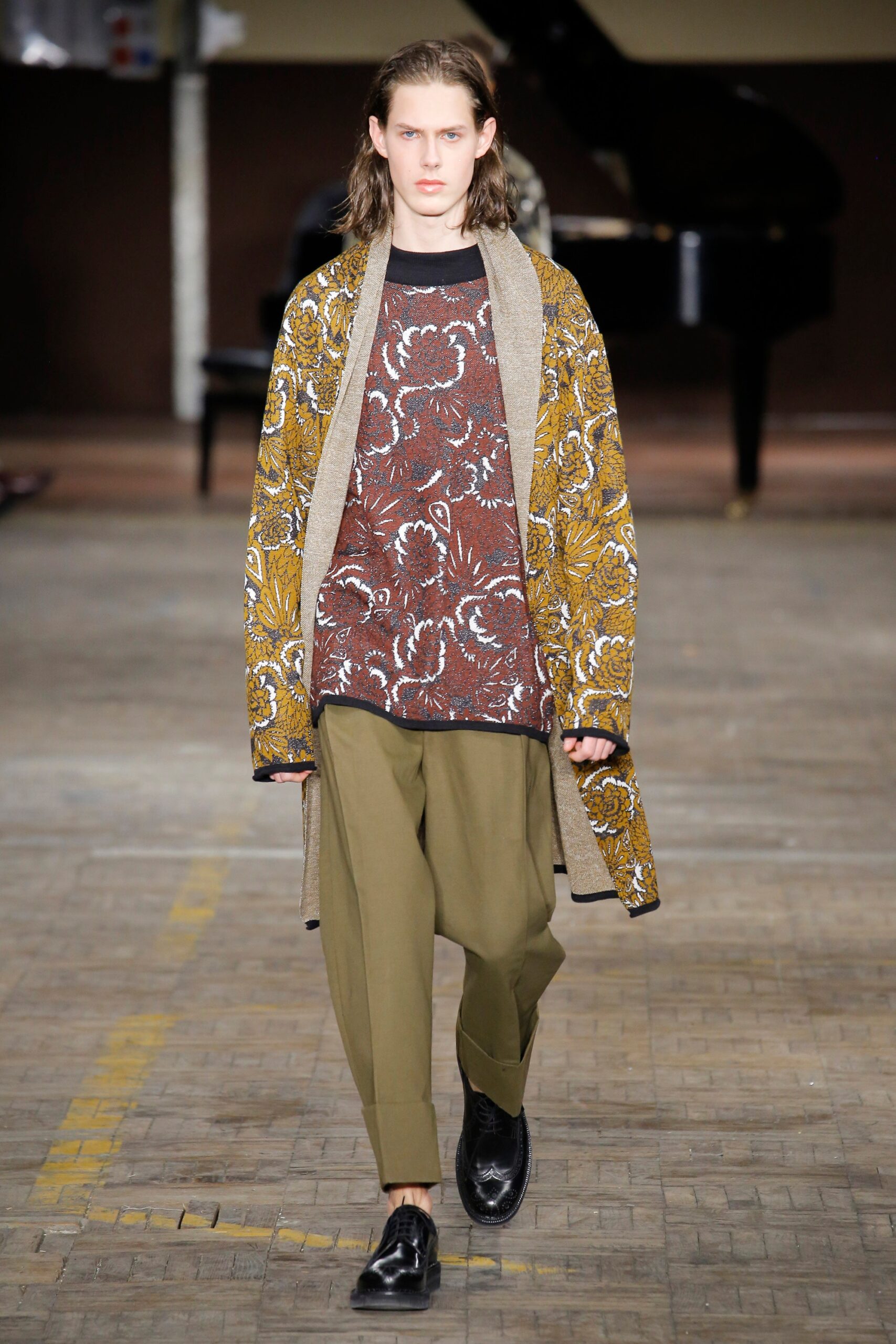 brown printed coat with red top