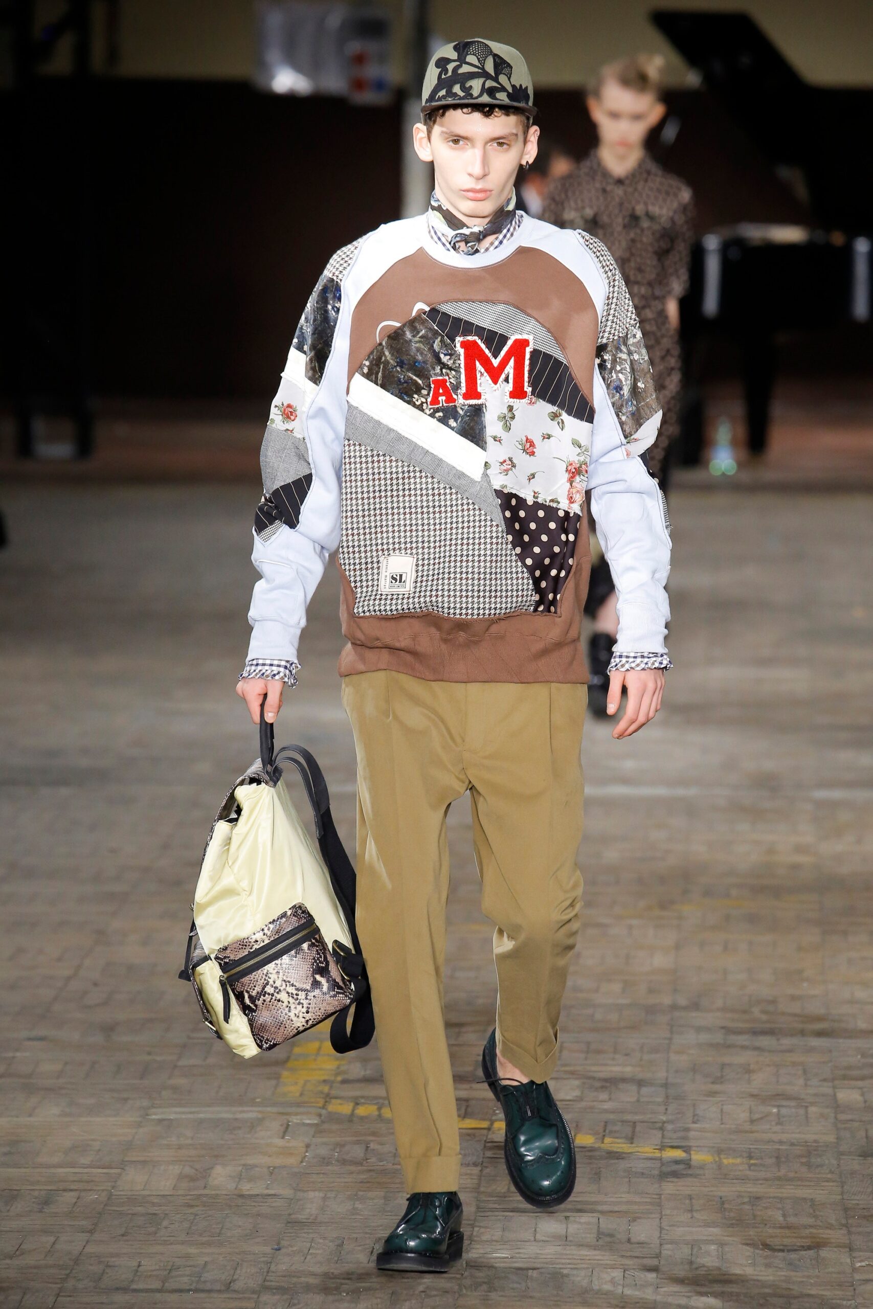 relaxed patchwork shirt with beige pants